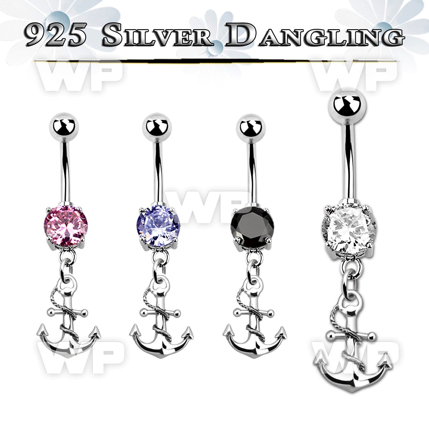 mcdvd18 steel belly banana w round cz silver anchor w rope