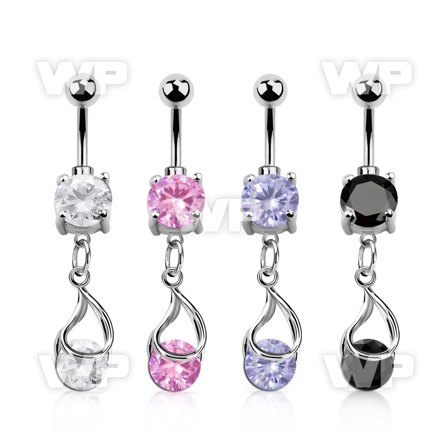 mcdz416 steel cz belly banana w dangling snap fit round cz 