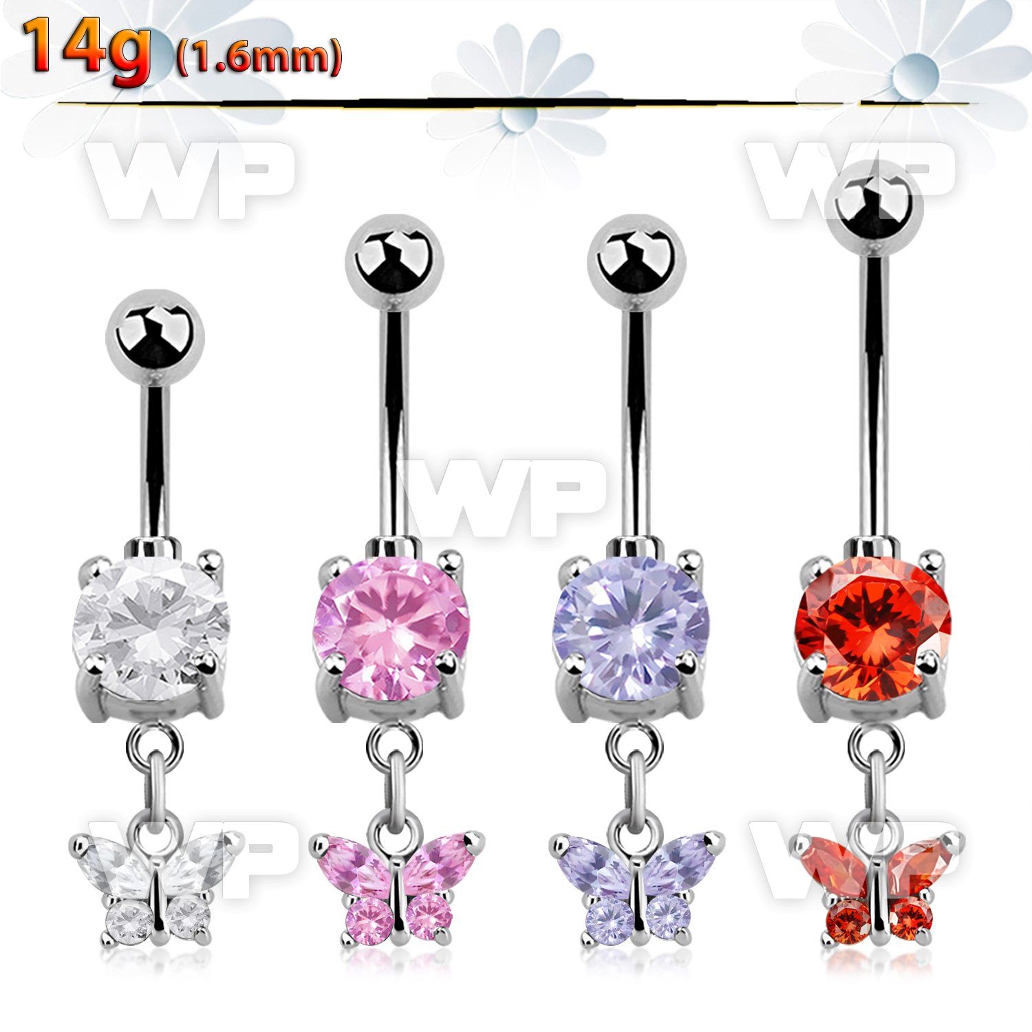 mcdz589 steel cz belly banana w dangling butterfly w cz