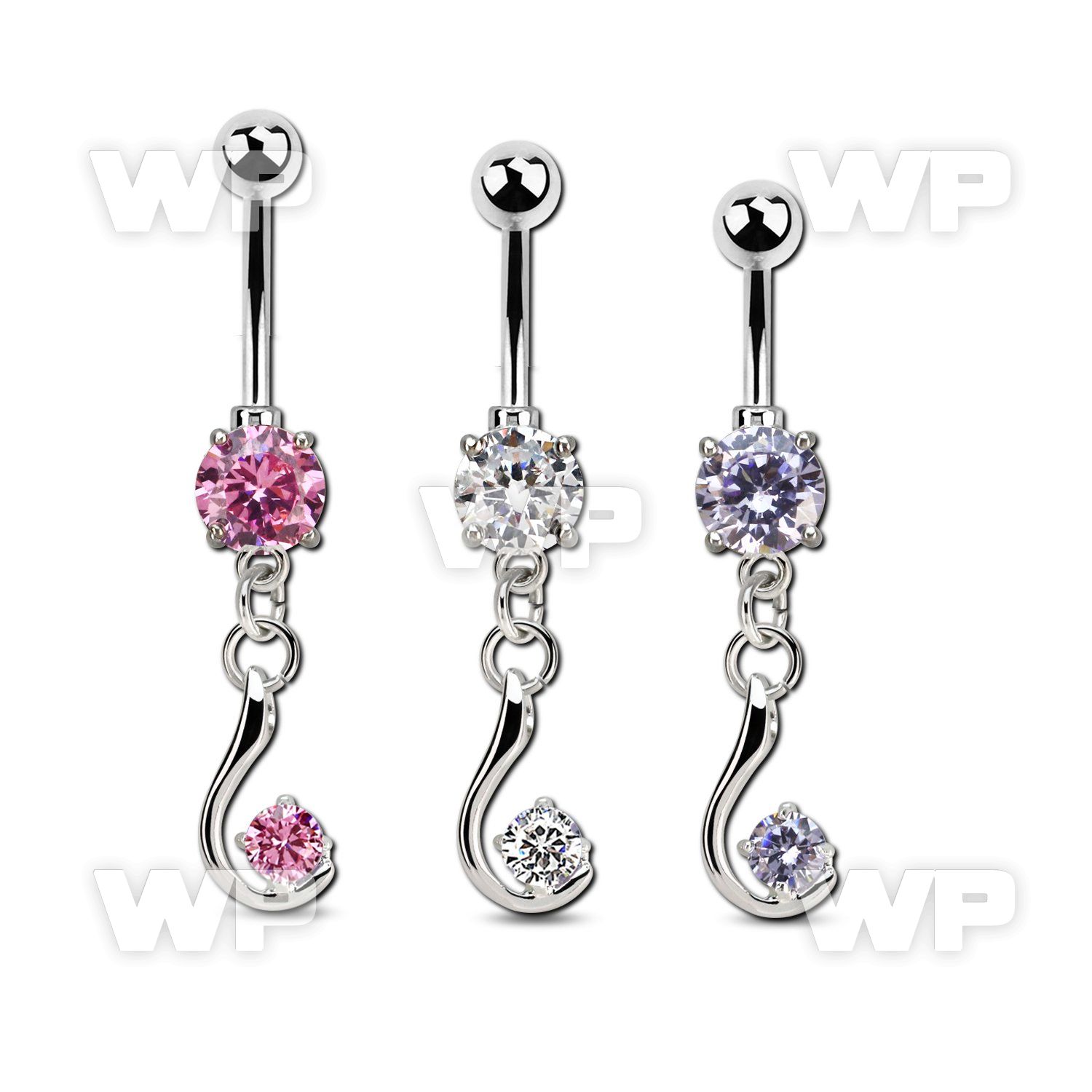 mcdz730 steel belly banana w a dangling w a single cz stone 