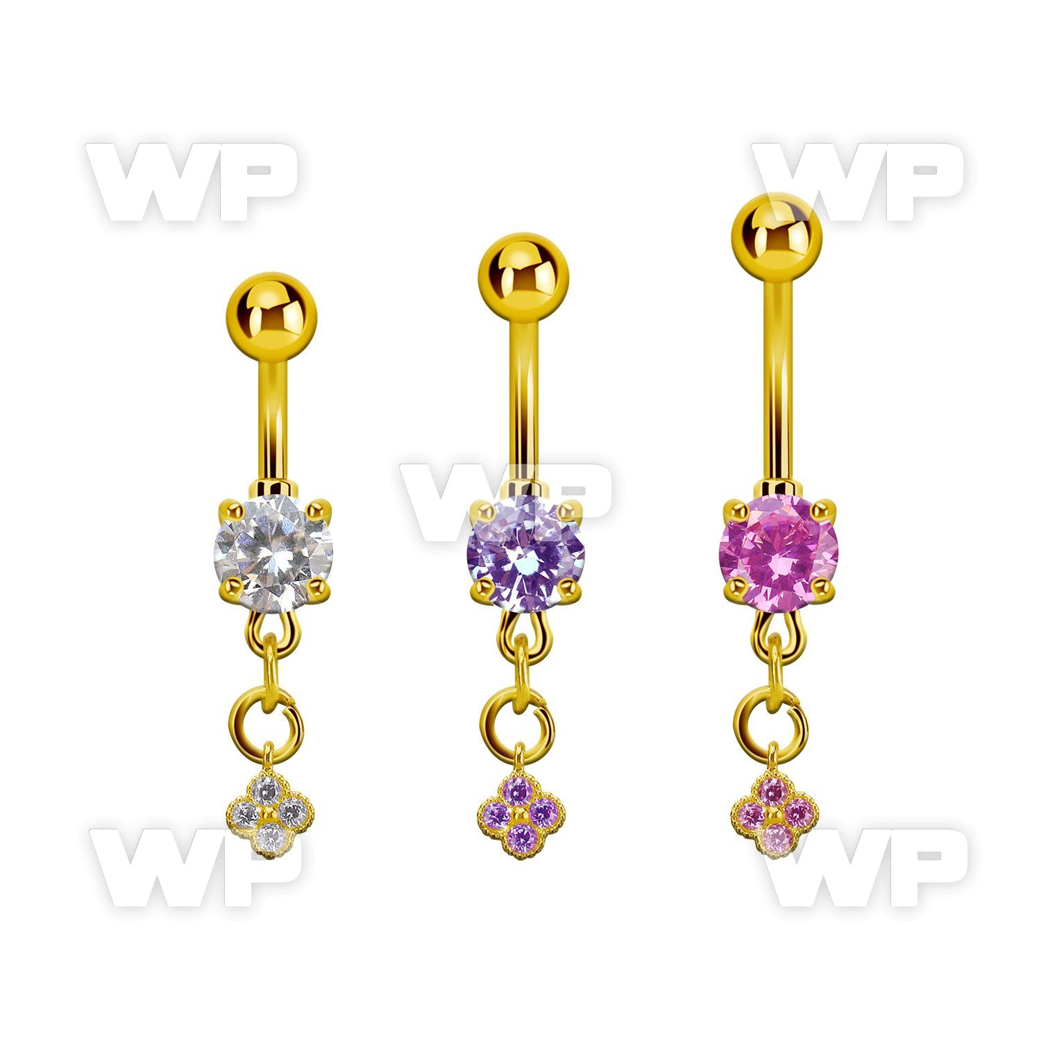 mdgz411 gold steel belly banana w dangling flower w cz stones