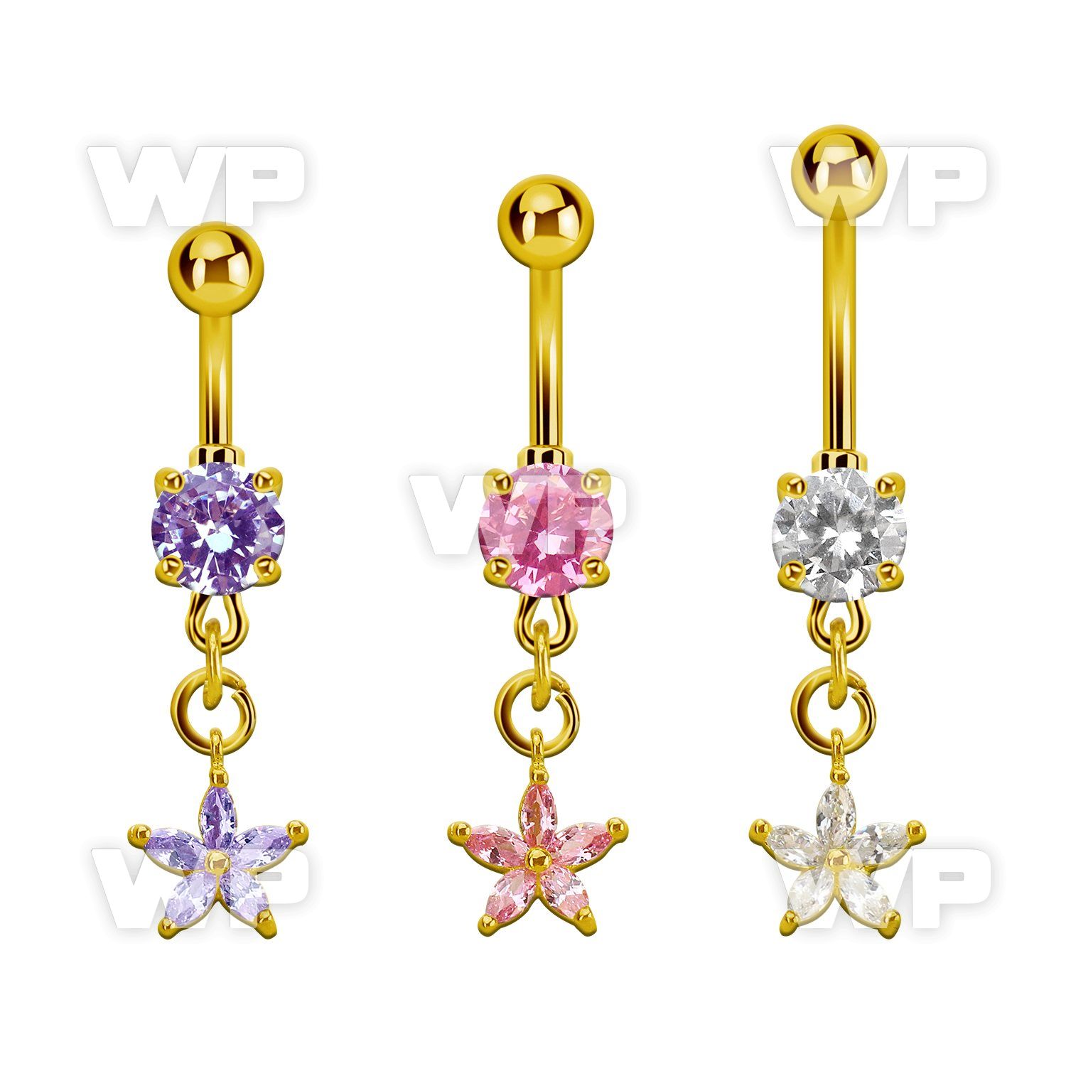 mdgz413 gold steel belly banana w dangling flower w prongset cz