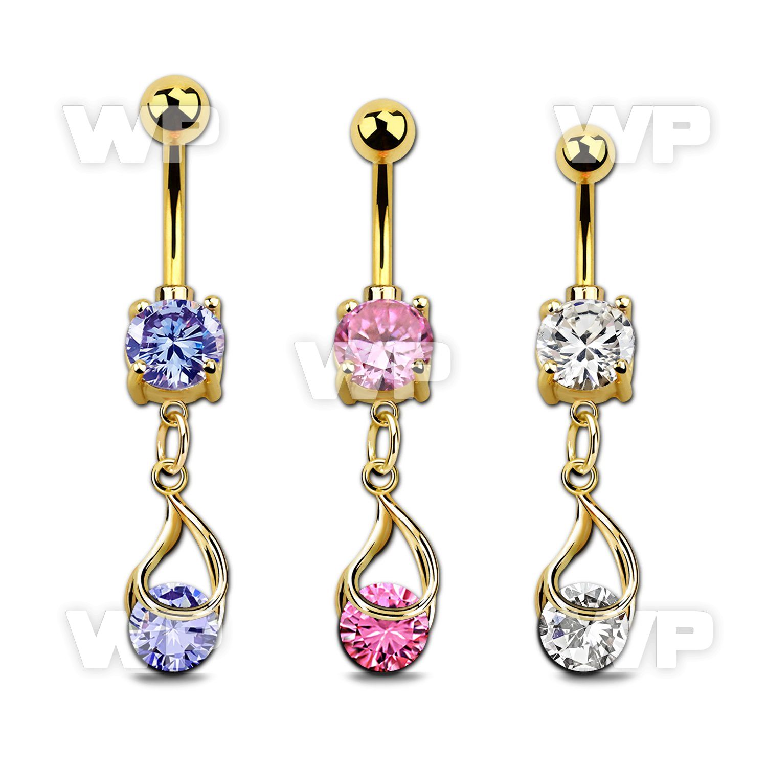 mdgz416 gold cz belly banana w dangling snap fit round cz 