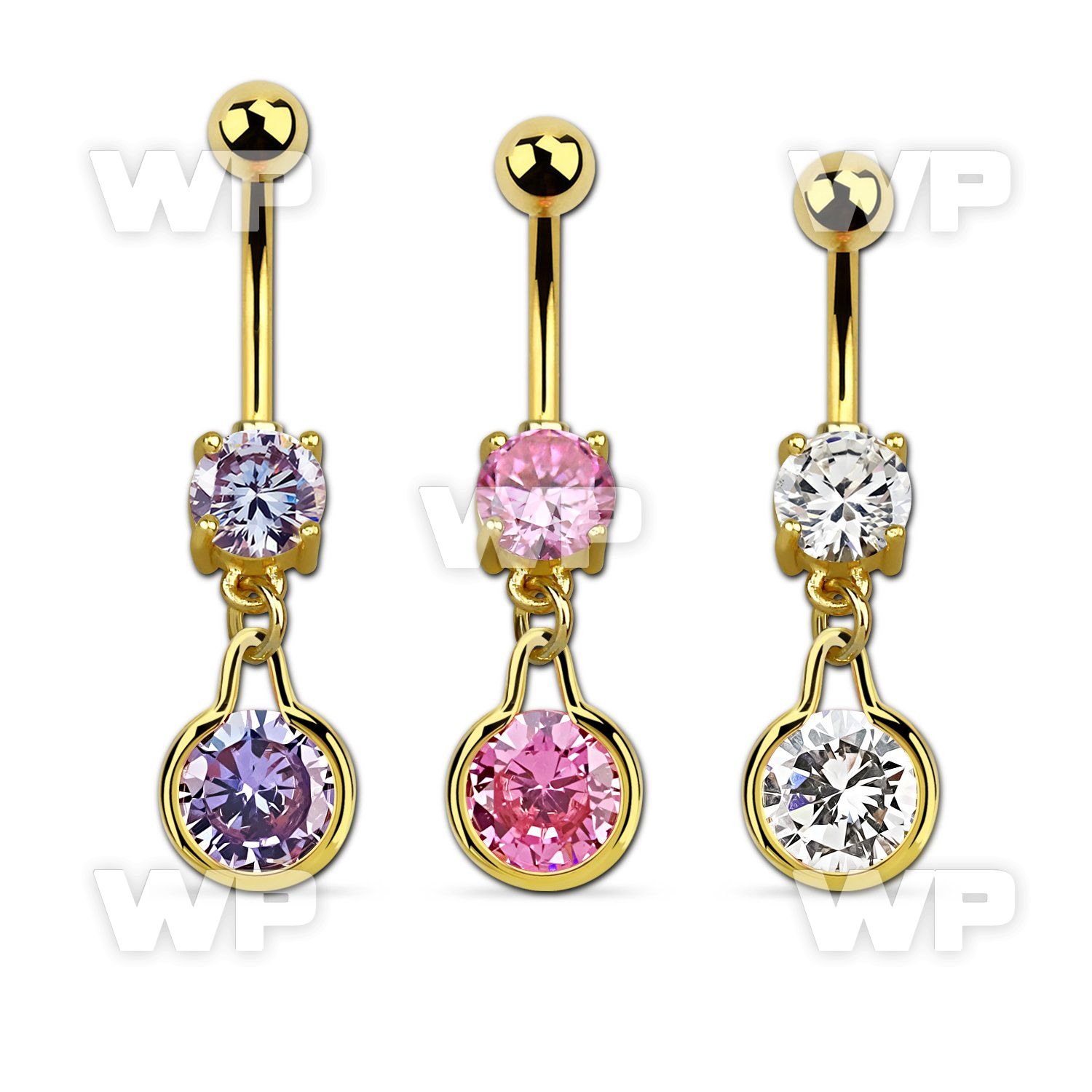 mdgz417 gold cz belly banana w round dangling w cz center