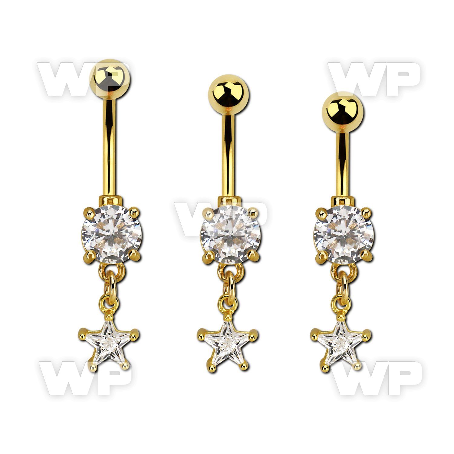 mdgzs6 gold steel belly banana w dangling prong set cz star