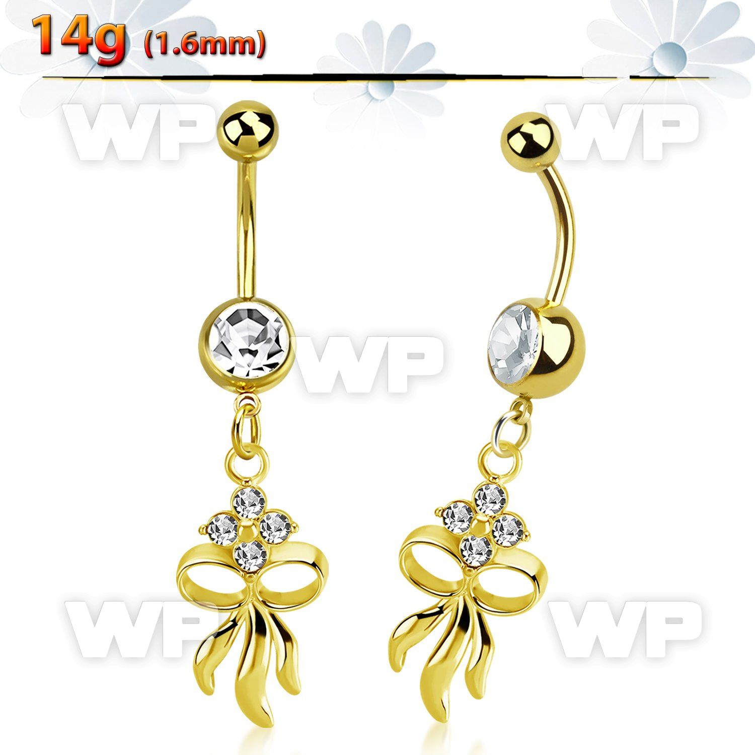 mdk508 gold 316l steel belly banana w & dangling flower & bow