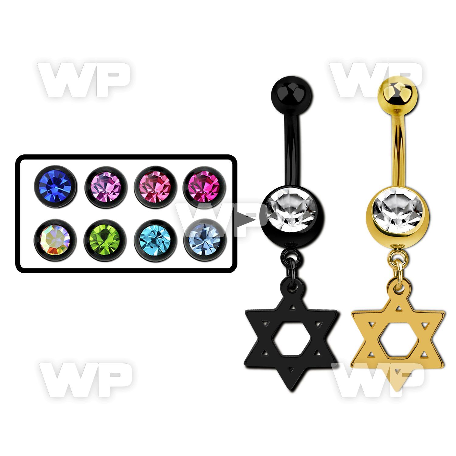 mdk758 anodized steel belly banana w prong set cz w david star