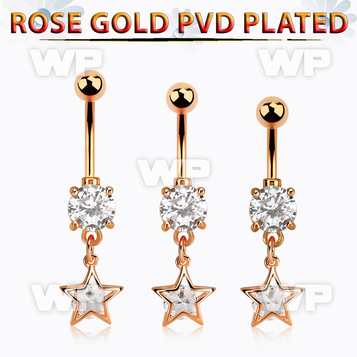 mdrz414 rose gold steel belly banana w dangling star shape w cz