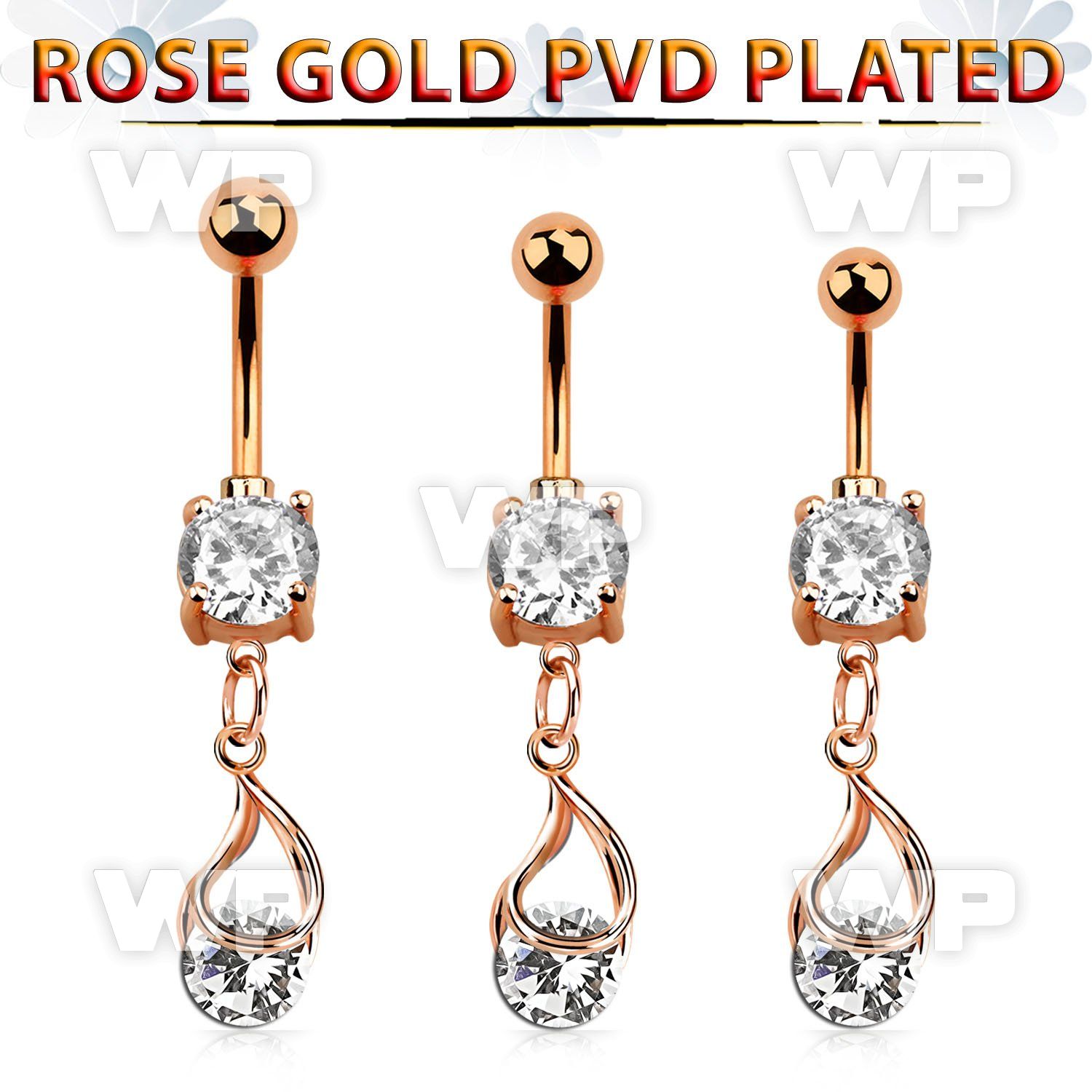 mdrz416 rose gold cz belly banana w dangling snap fit cz