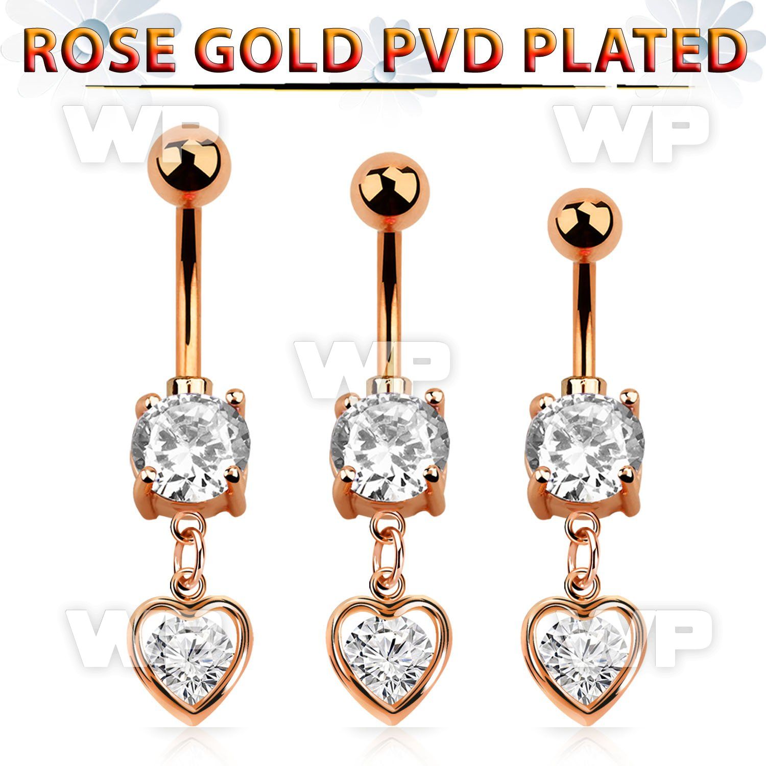 mdrz419 rose gold cz belly banana w dangling heart shape w cz