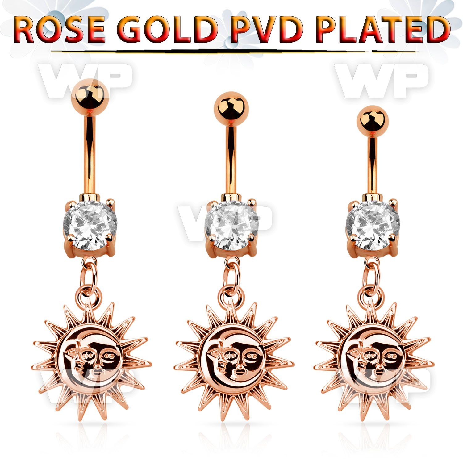 mdrz726c rose gold cz belly banana w dangling plain sun 