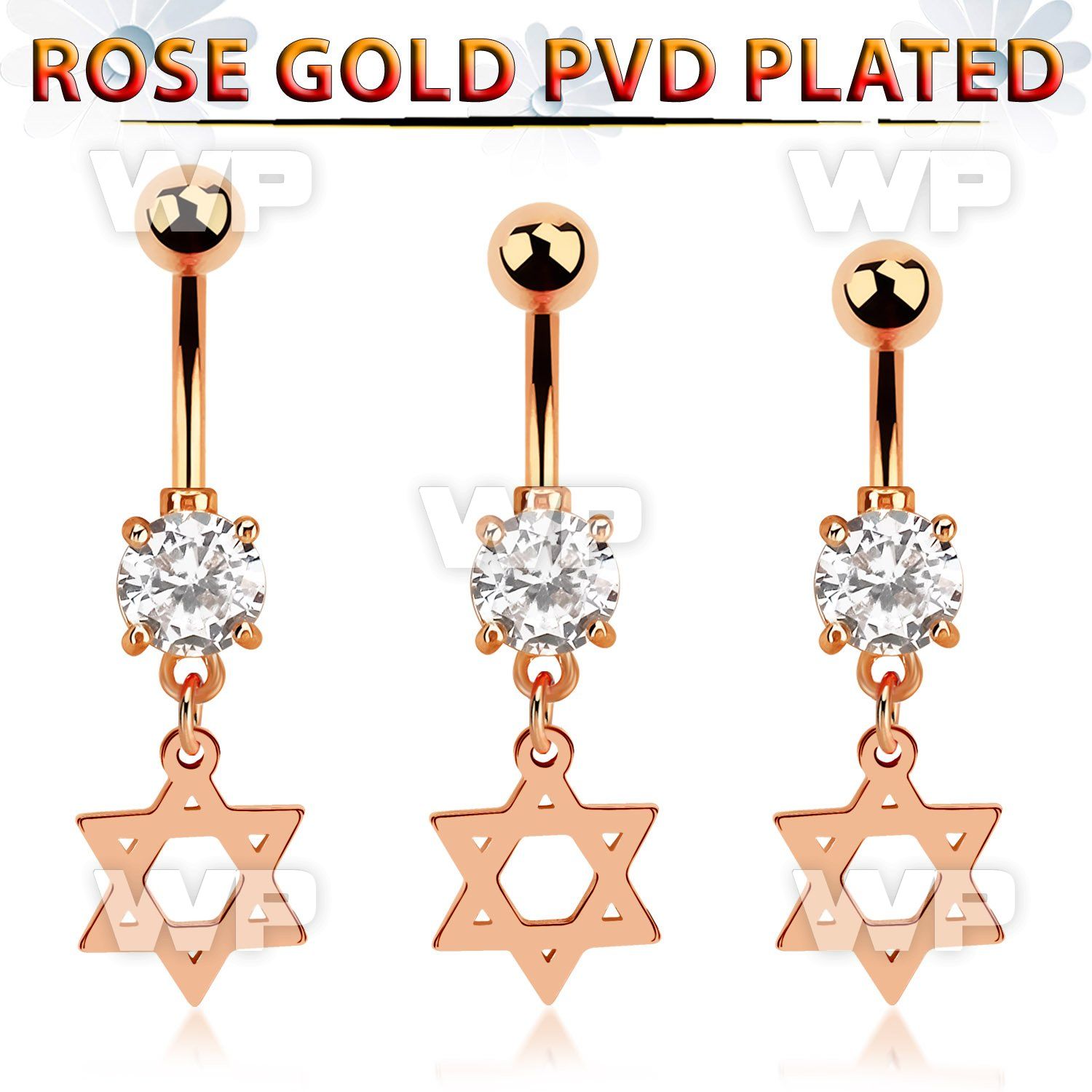 mdrz758 rose gold steel belly banana w prong set cz w david star