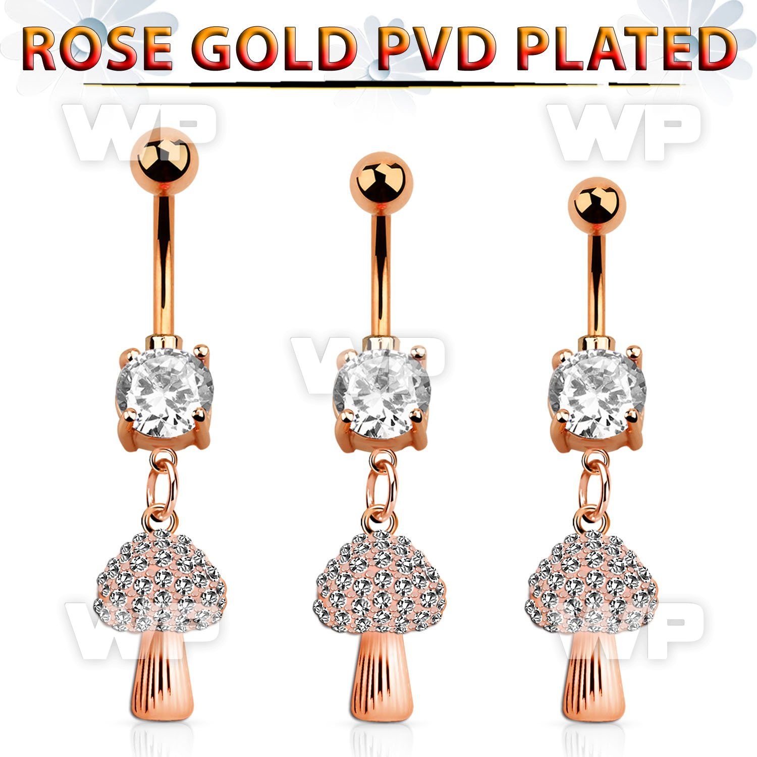 mdrz764c rose gold cz belly banana w dangling crystal mushroom 