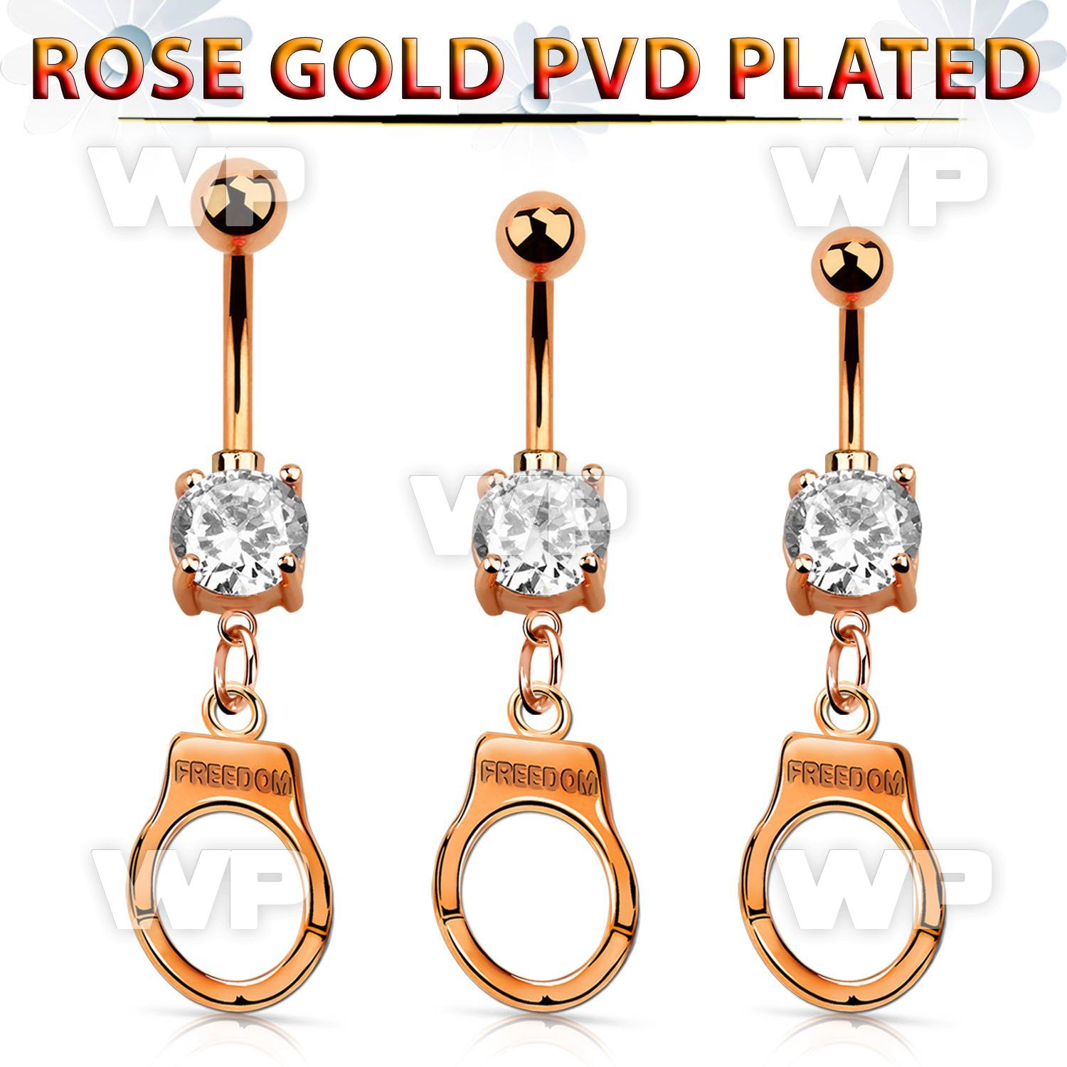 mdrz765c rose gold steel belly banana w cz dangling handcuff