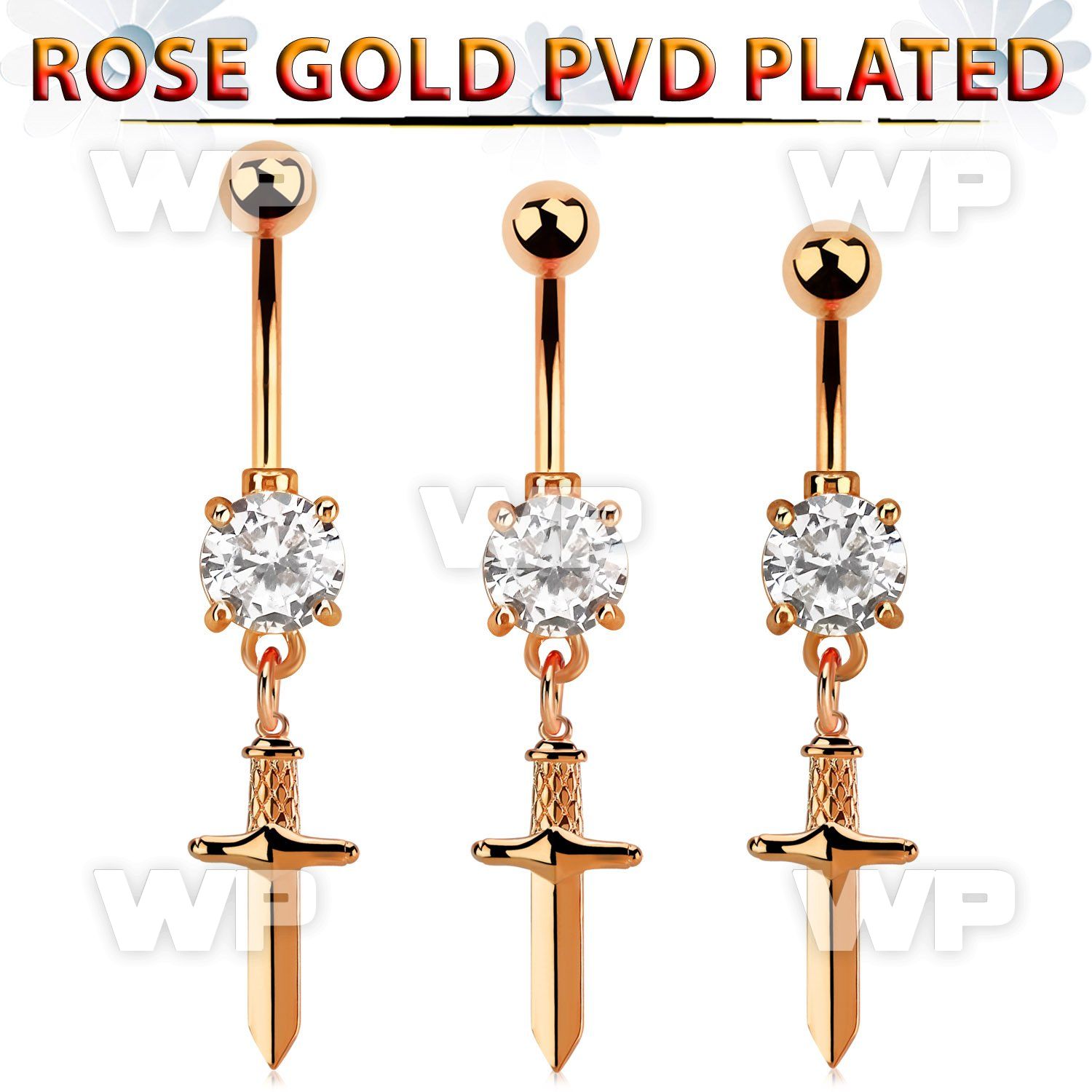 mdrz768 rose gold belly banana w 8mm  cz & dangling dagger