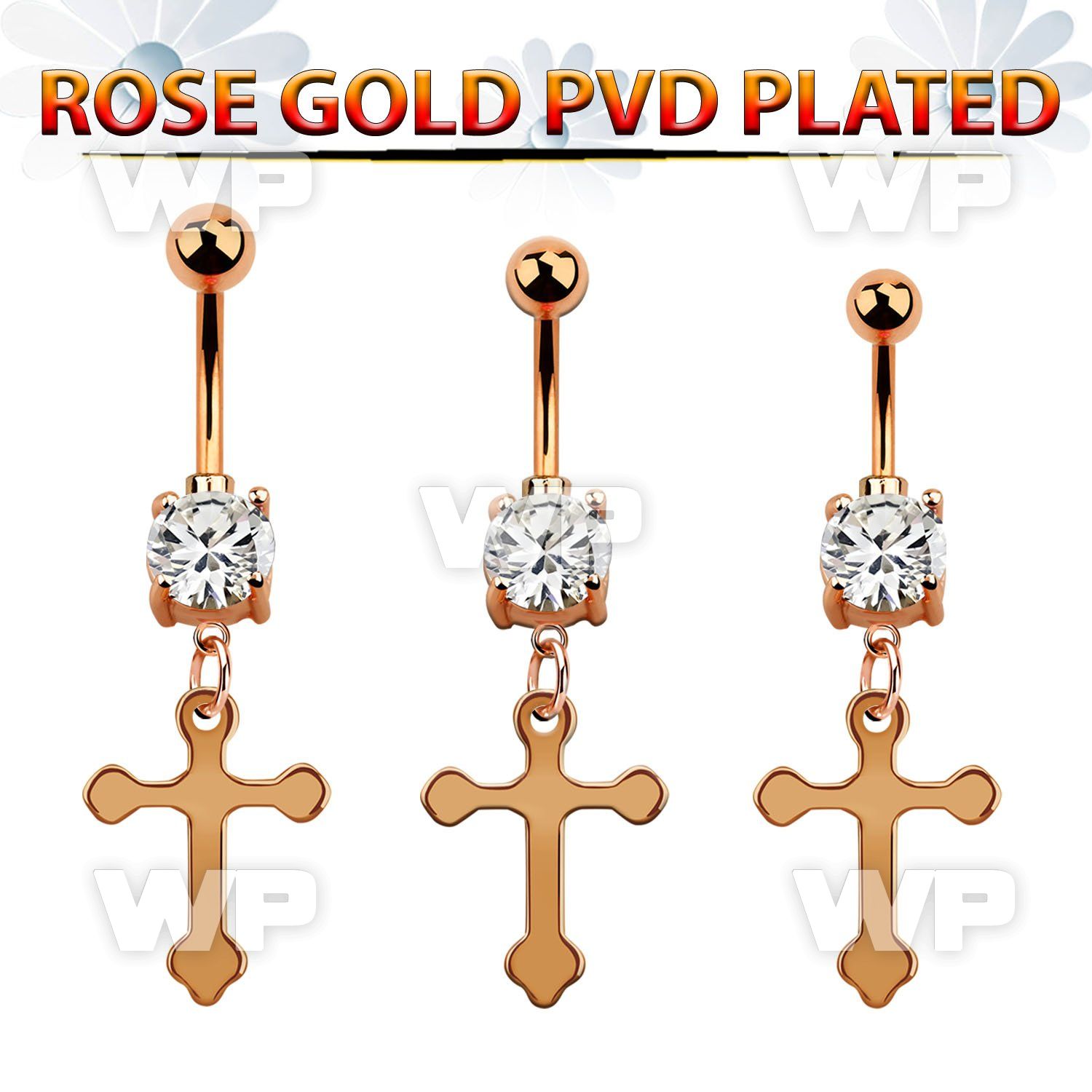 mdrzcro rose gold steel belly banana w cz vintage cross