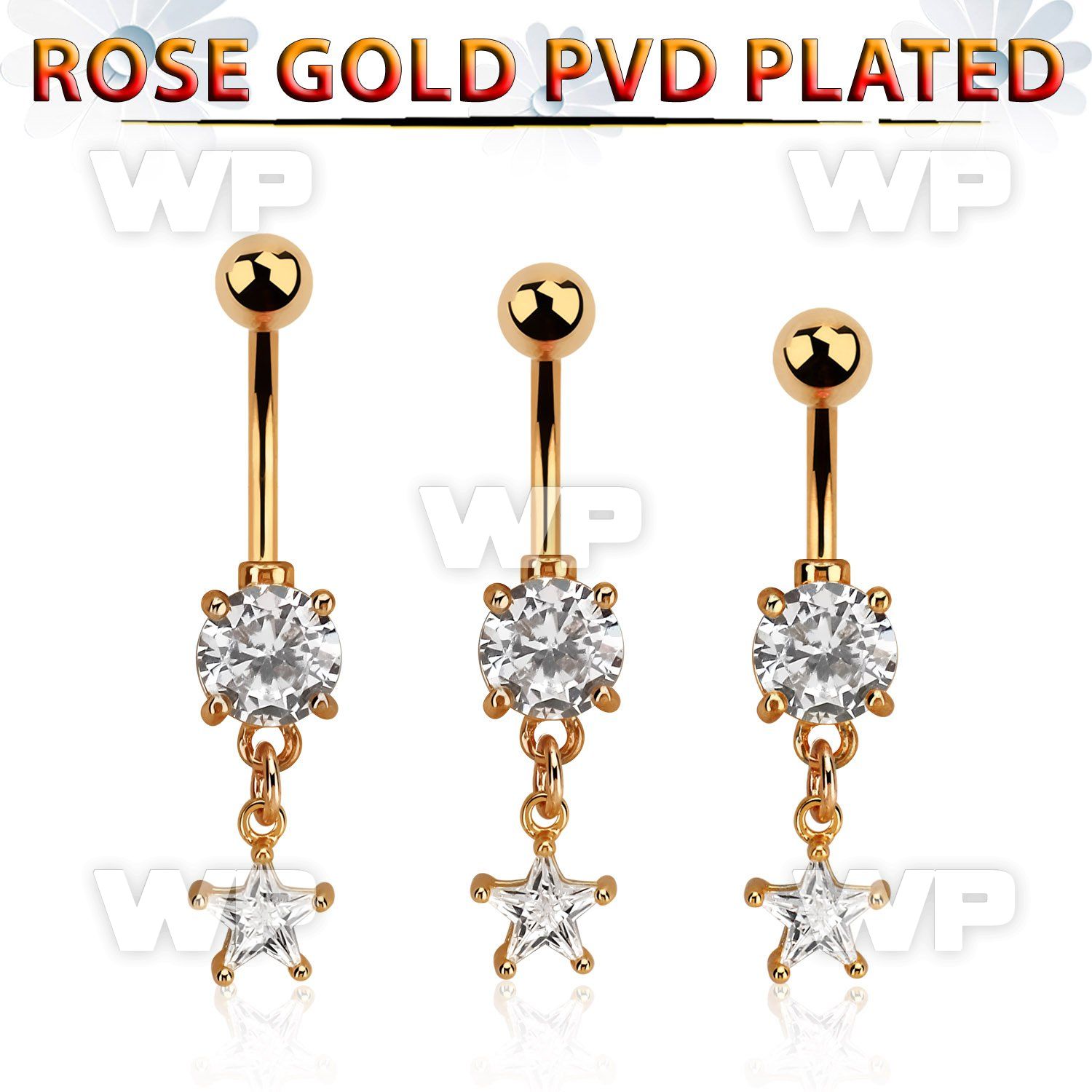 mdrzs6 rose gold steel belly banana w dangling cz star