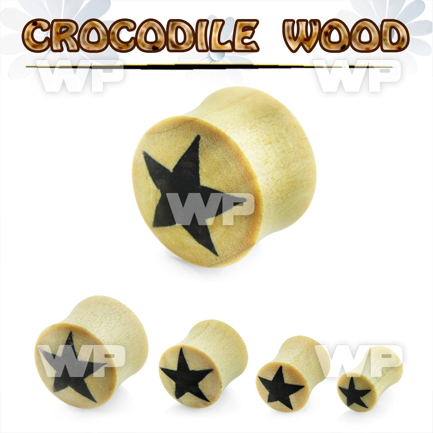 mn3a crocodile wood double flare saddle plug black star on one ear lobe piercing