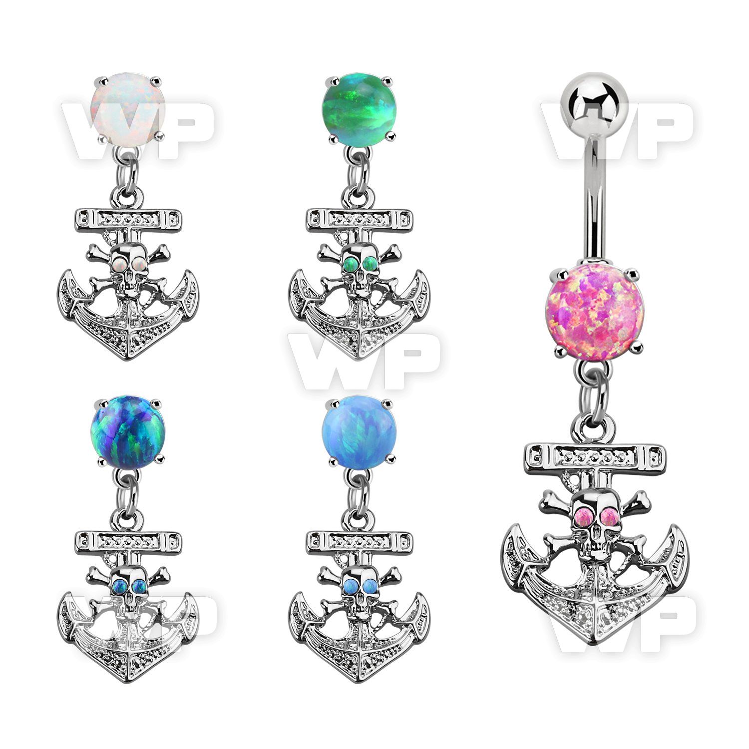 moop691 steel belly banana w 7mm opal dangling anchor skull