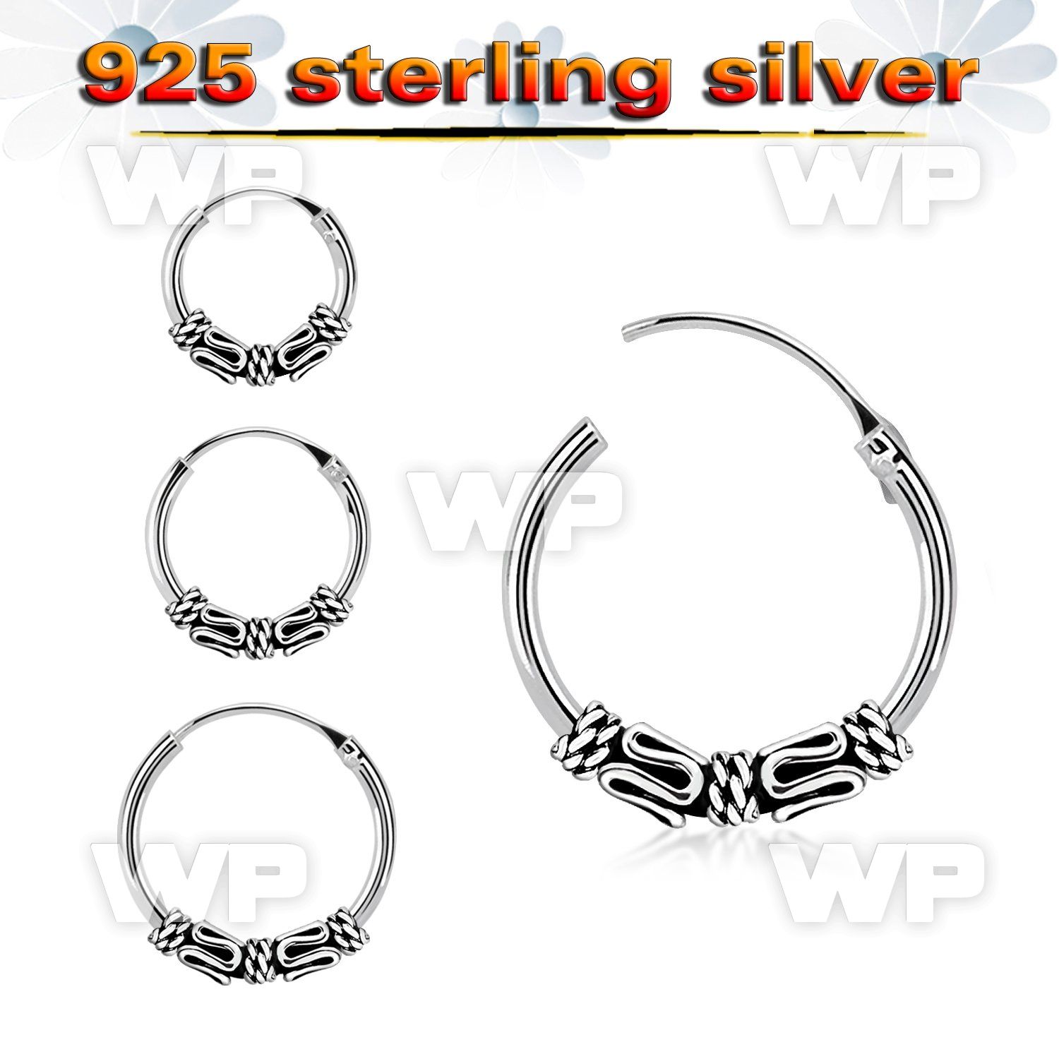 mx5f6 925 silver balinese design black oxidized hoop earrings