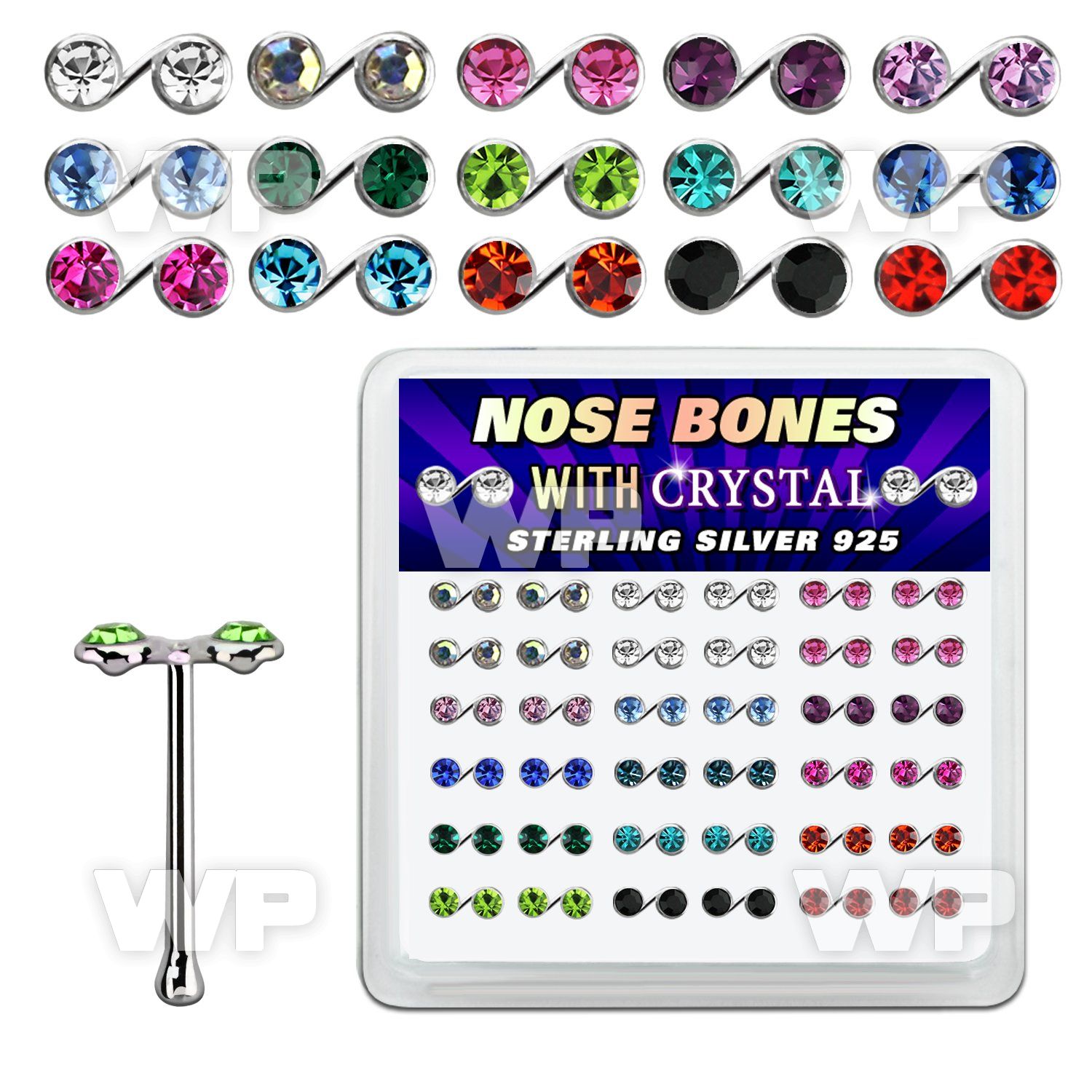 nbmsbxm box silver nose bones w music note tops w color crystal