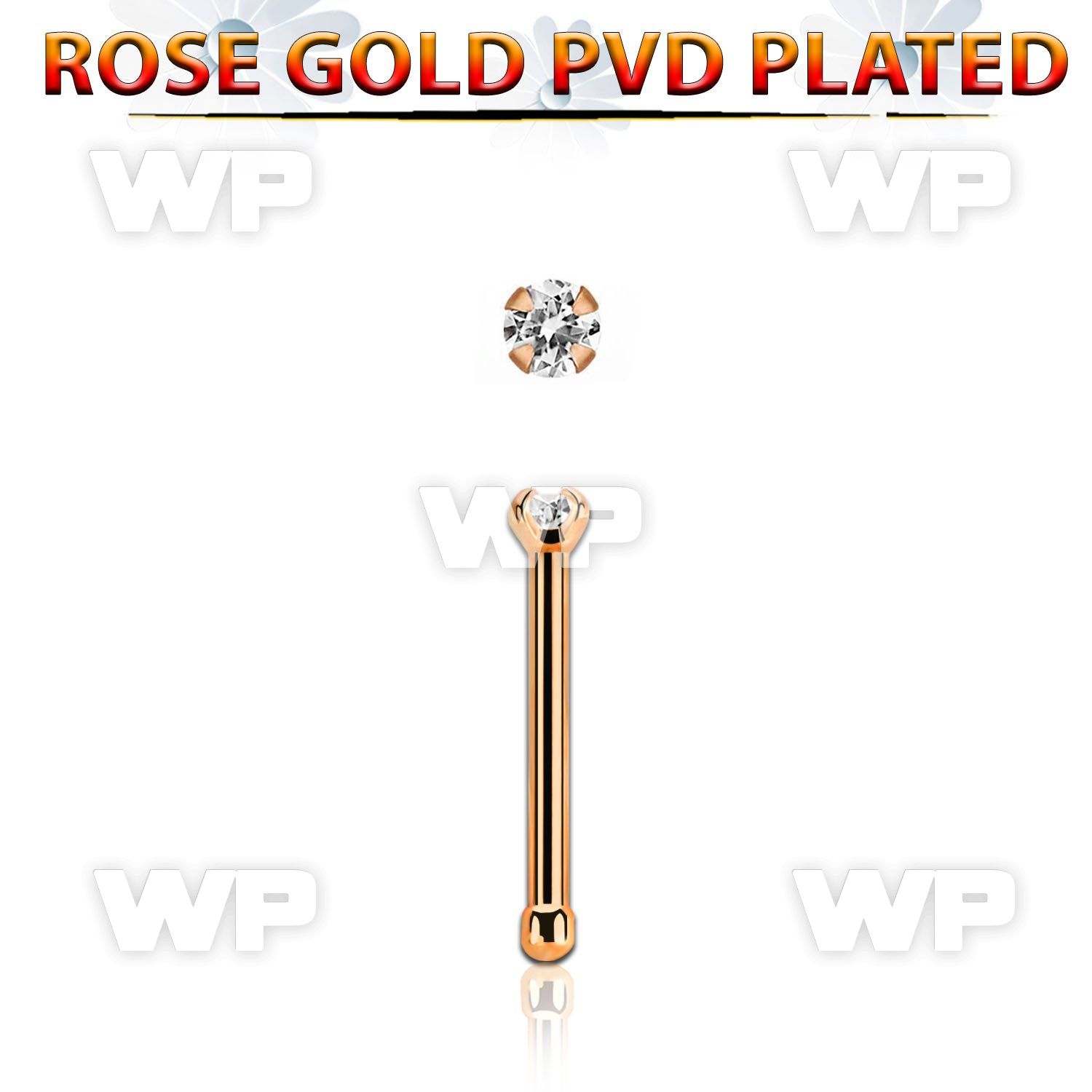 nbttzr15 rose gold  steel nose bone 20g w prong set clear 1.5mm cz