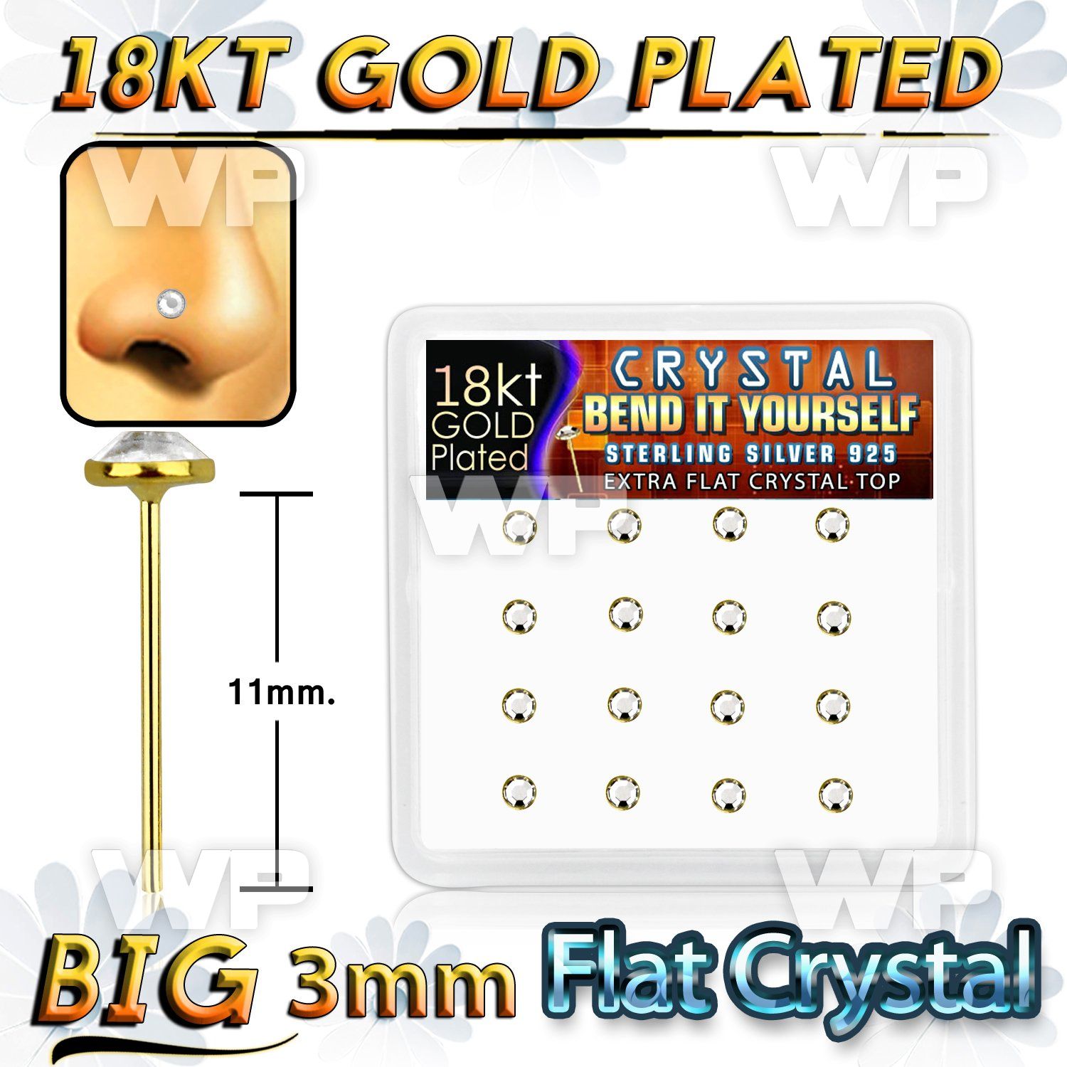 nd4aiey6 box w of silver 925 un bent nose stud 18k gold plated belly piercing