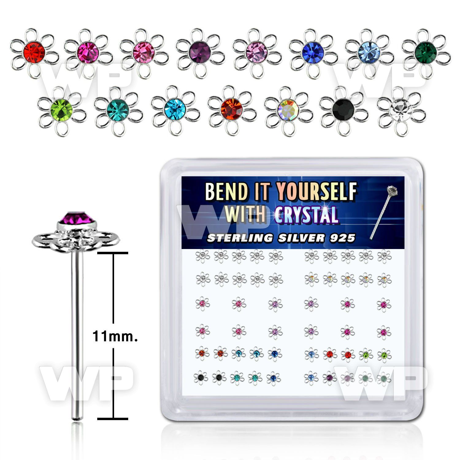 nfdbkj box w silver 925 un bent nose stud silver wire flower mix belly piercing