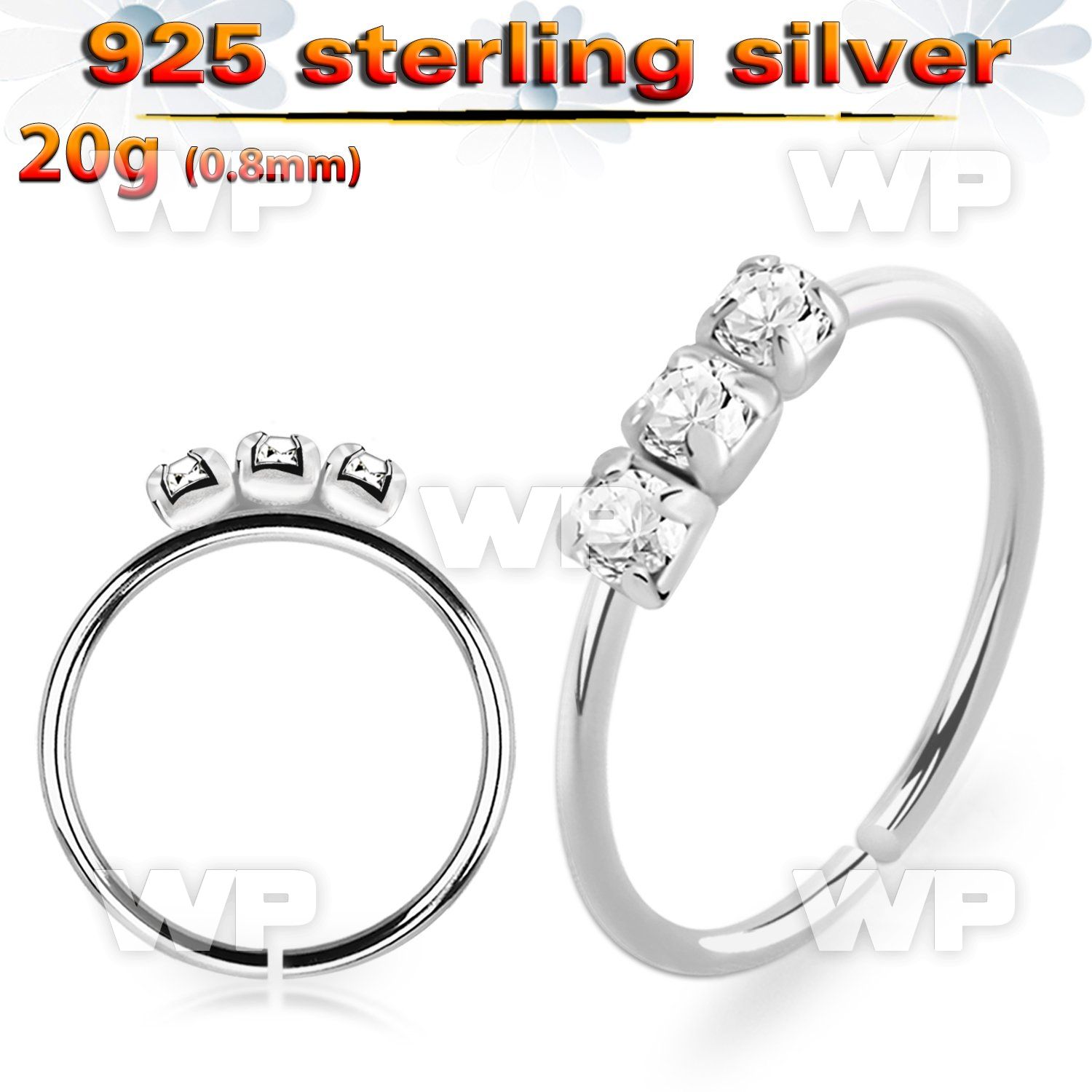 nhdm 925 silver seamless nose ring 1.5mm prong set color crystals