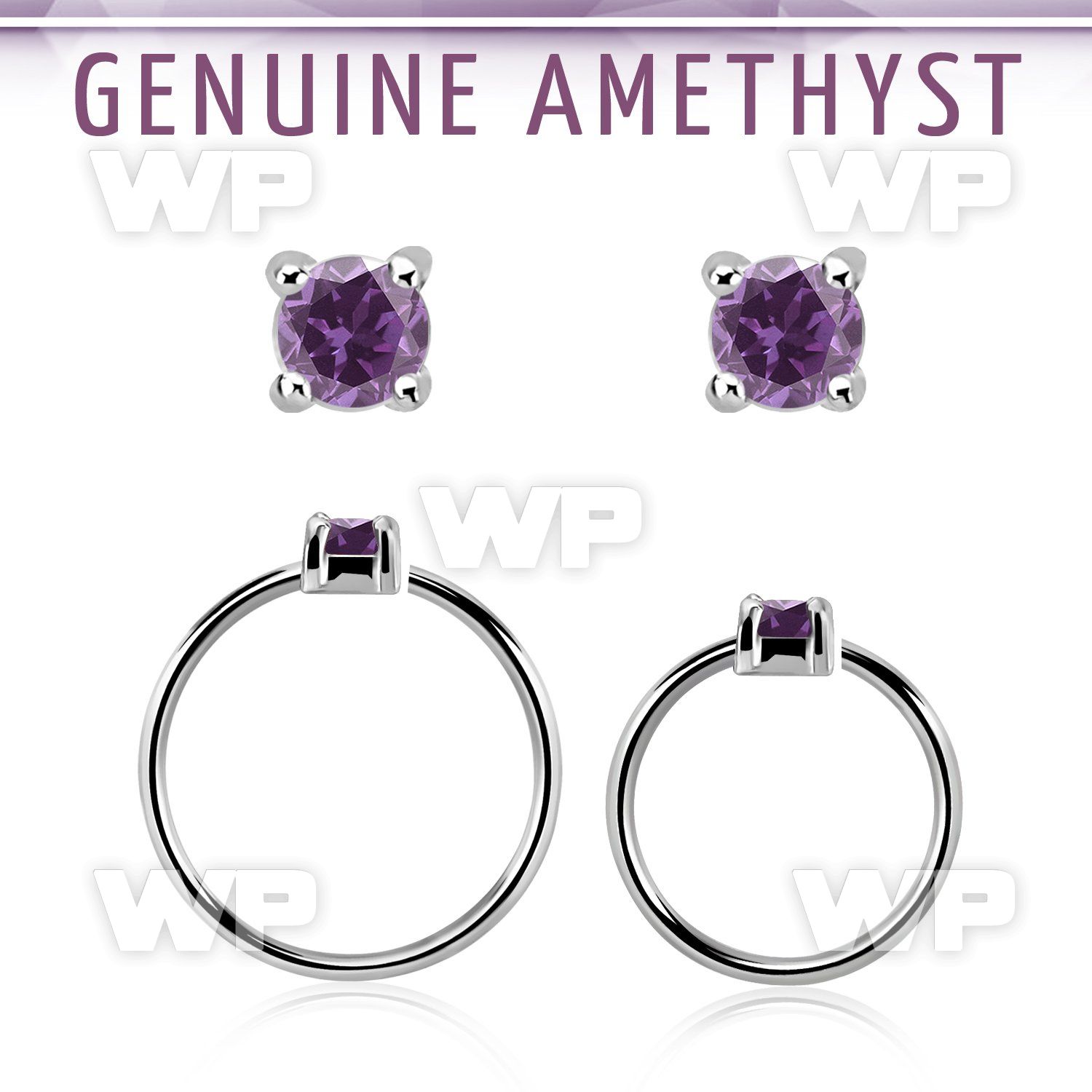 nhge1 silver nose ring w a 2mm amethyst in casting prong set