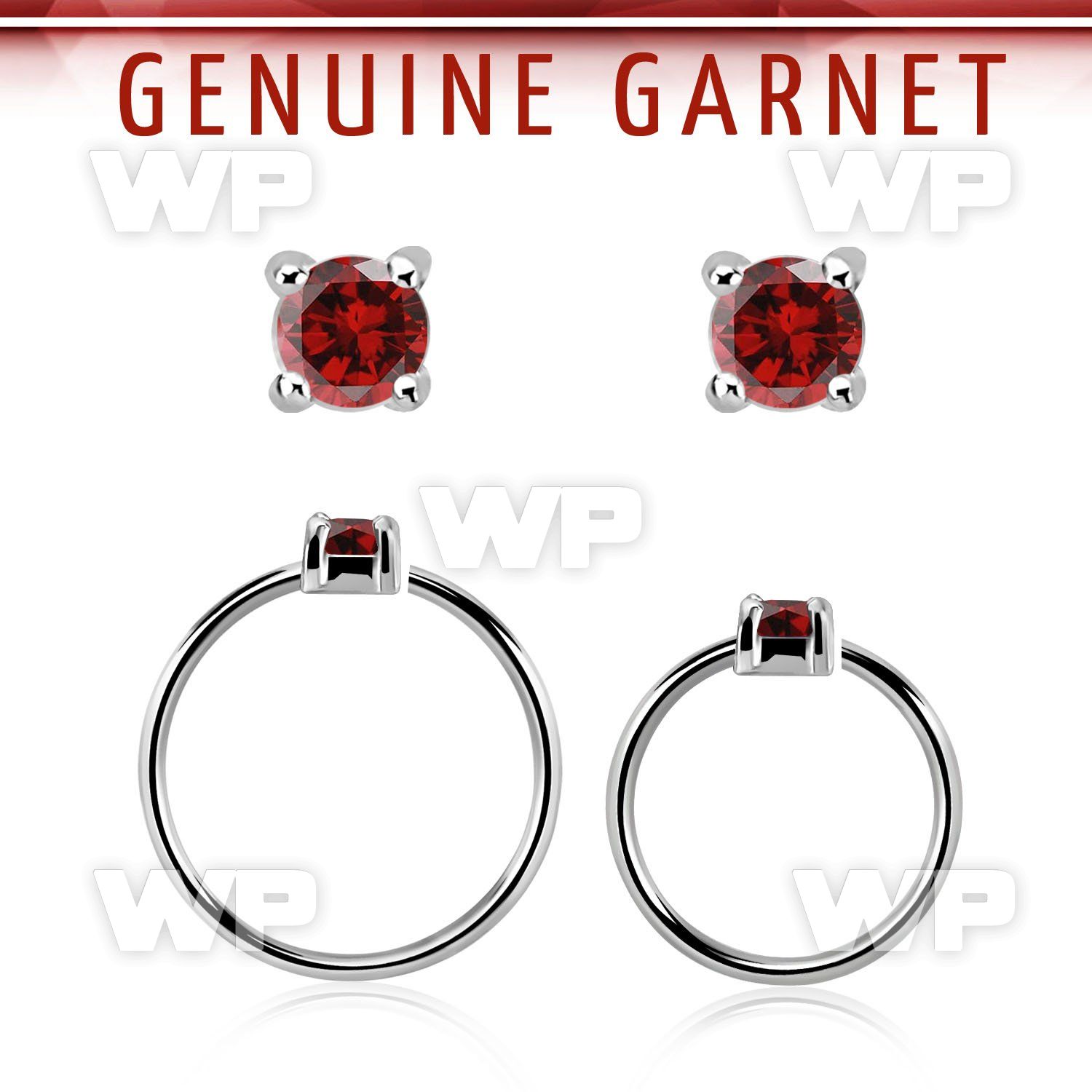 nhge2 silver nose ring w a 2mm garnet in casting prong set