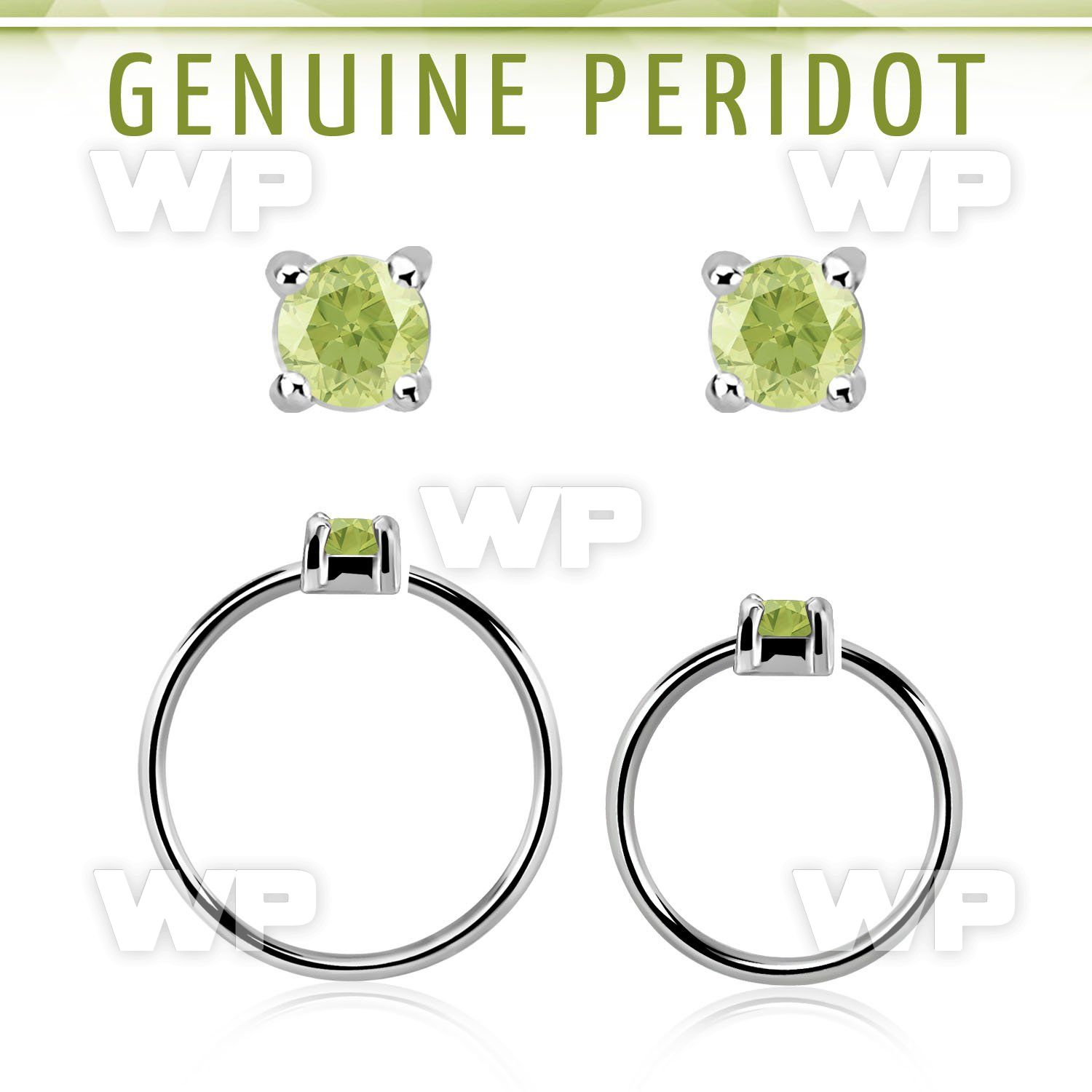 nhge4 silver nose ring w a 2mm peridot in casting prong set