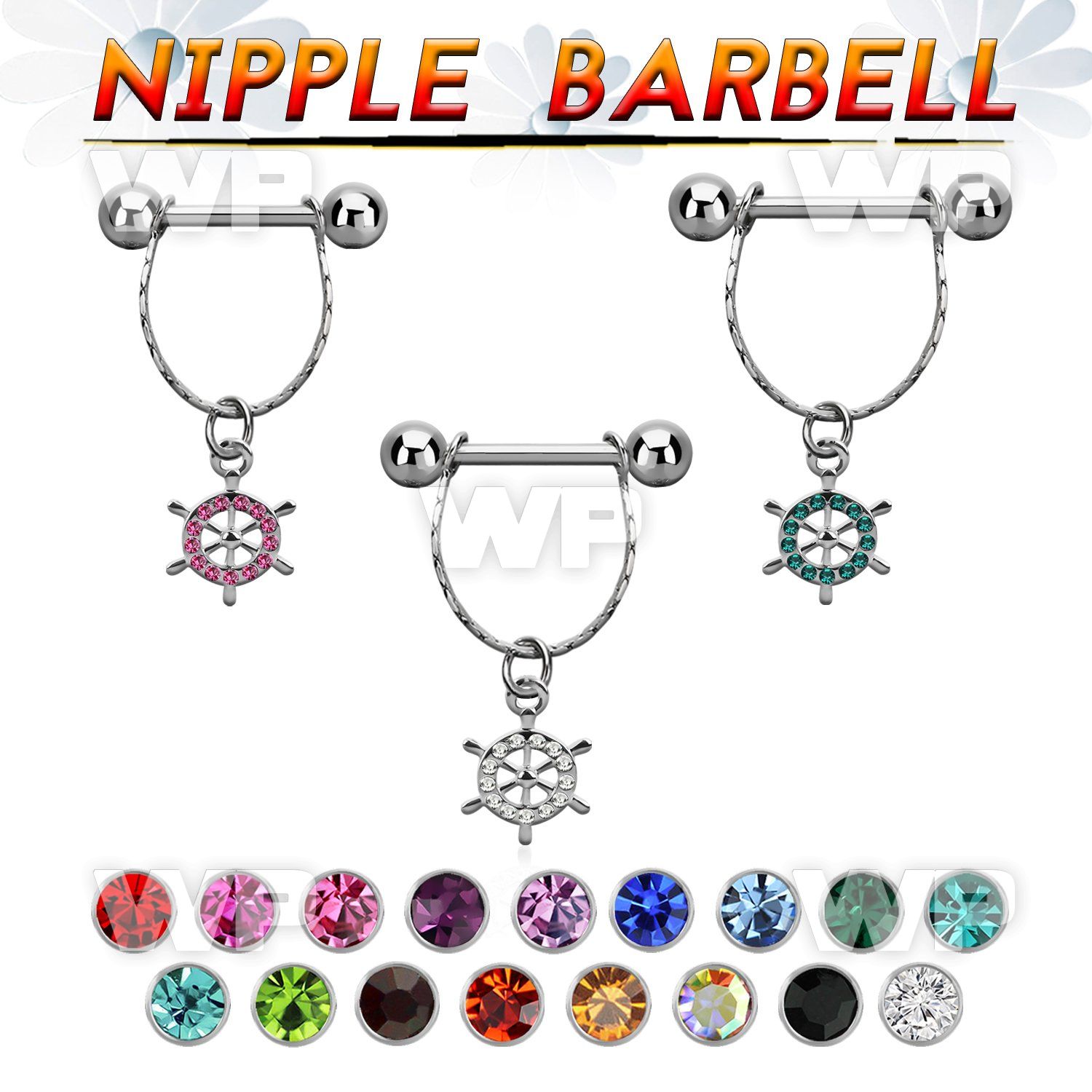 npdl12 steel nipple barbell w chain dangling ship wheel