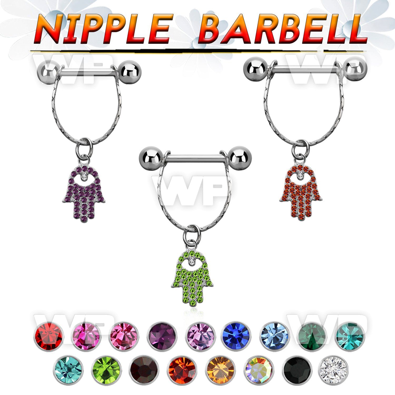 npdl13 steel nipple barbell w chain dangling small hamsa