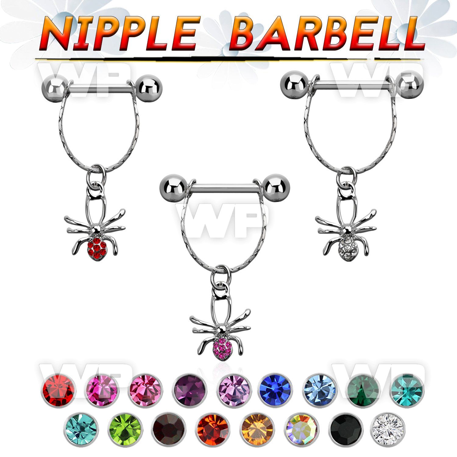 npdl14 steel nipple barbell w chain dangling crystal spider 