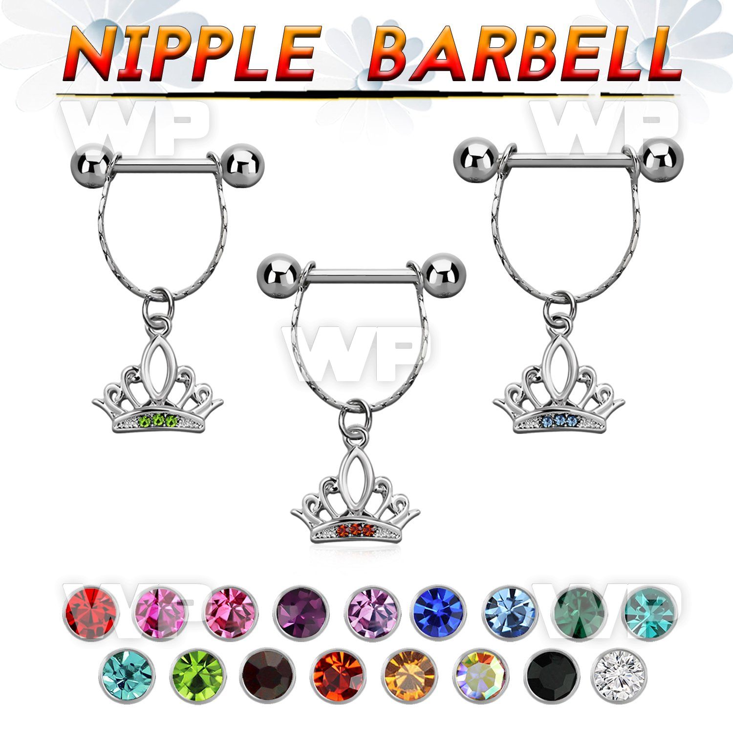 npdl15 steel nipple barbell w chain dangling crystal crown 