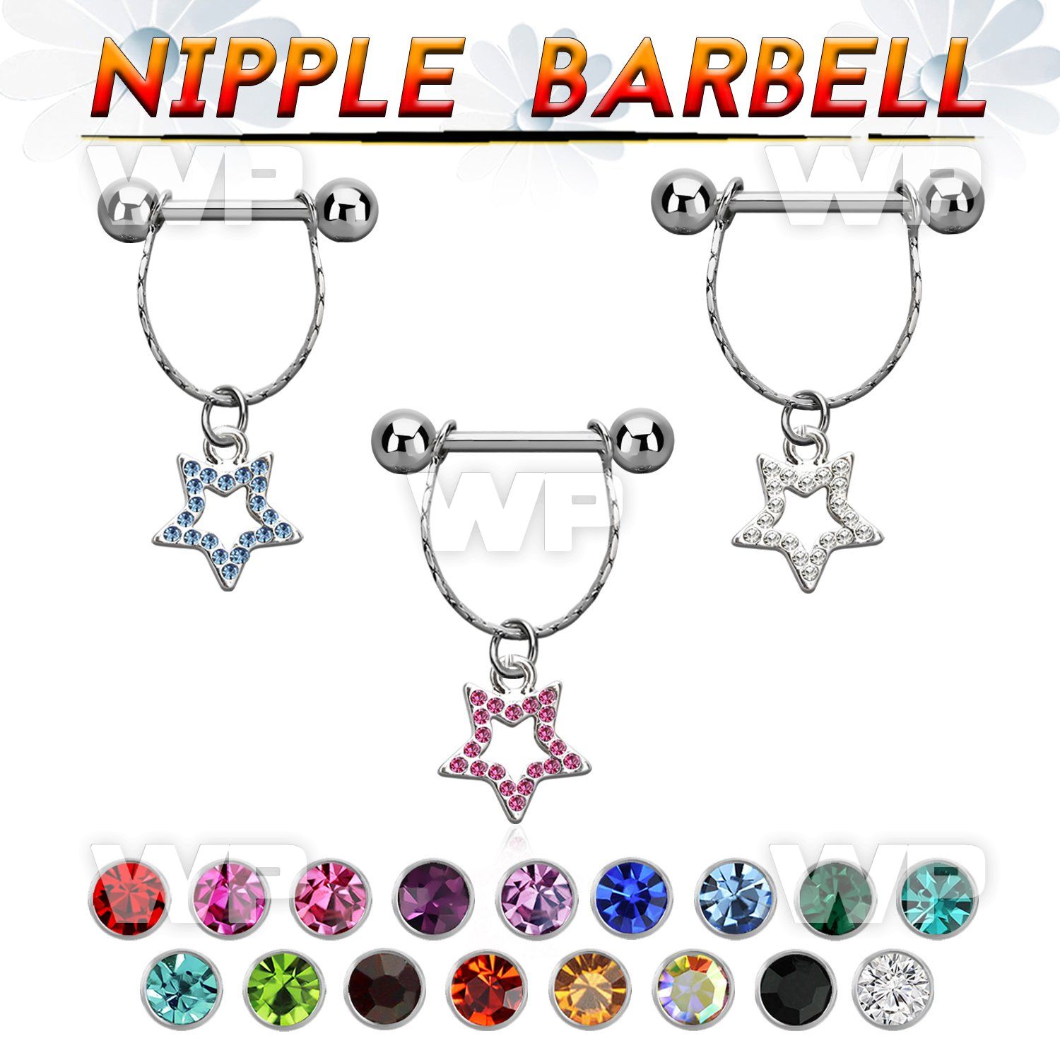 npdl18 steel nipple barbell w chain dangling crystal star 