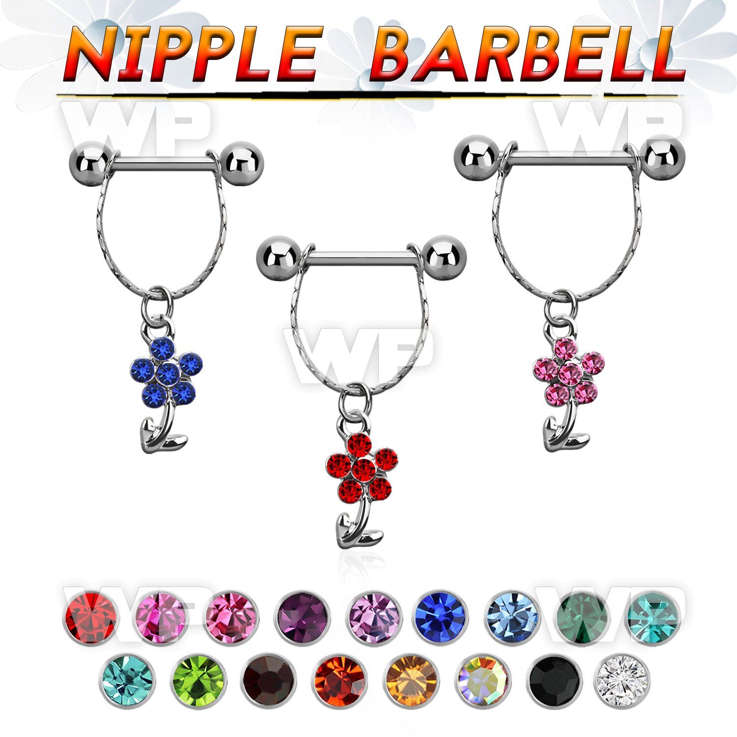 npdl19 steel nipple barbell w chain dangling crystal flower