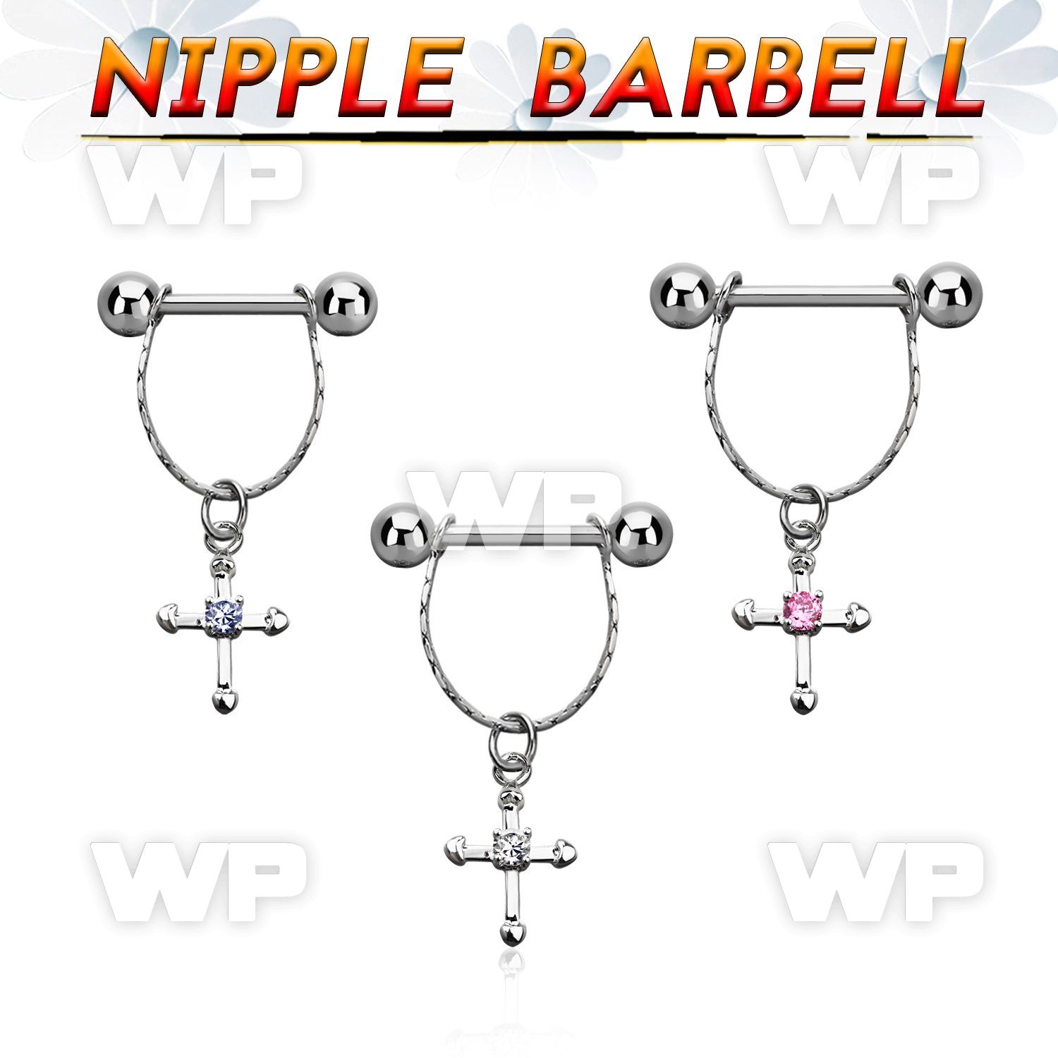 npdl21 steel nipple barbell w chain dangling cross w cz 