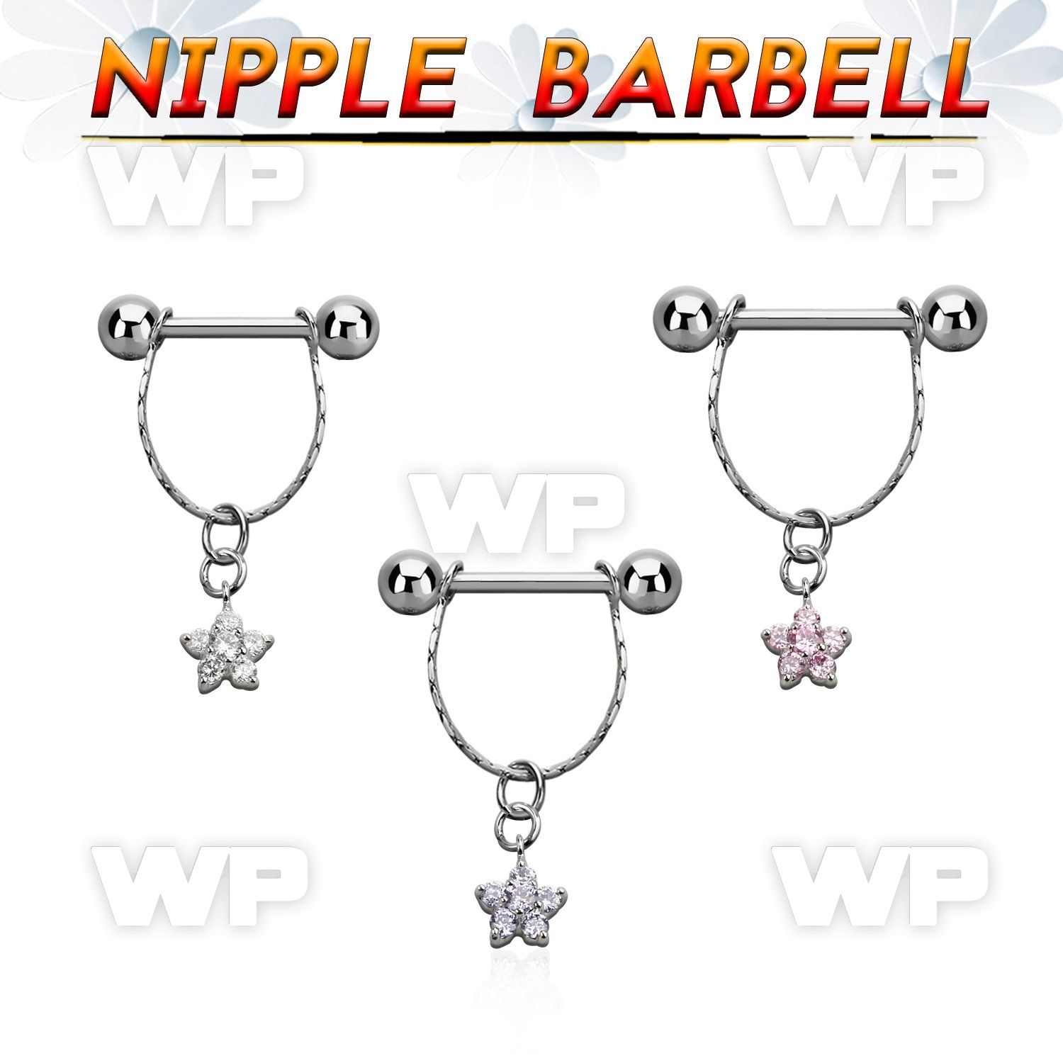 npdl22 steel nipple barbell w chain dangling small cz flower 