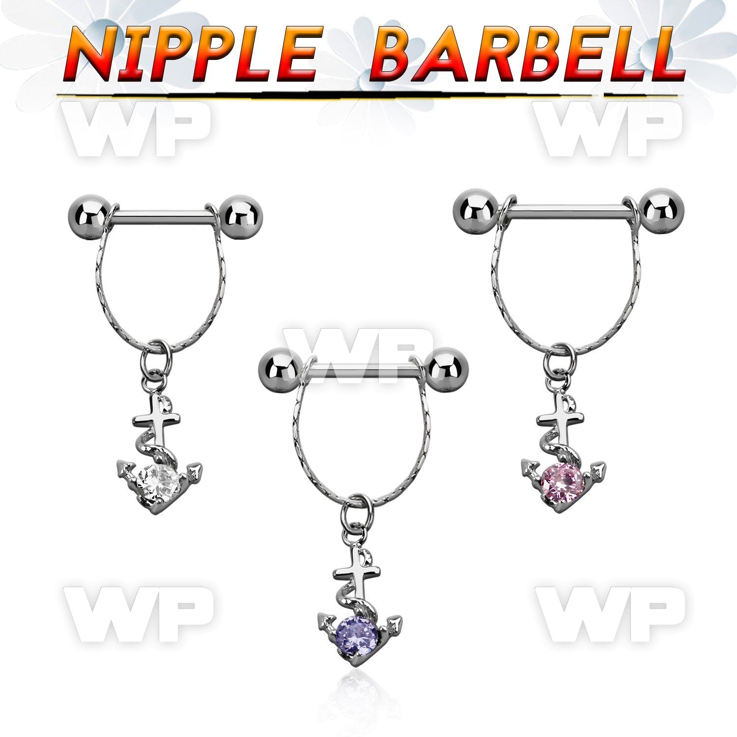 npdl23 steel nipple barbell w chain dangling anchor w cz