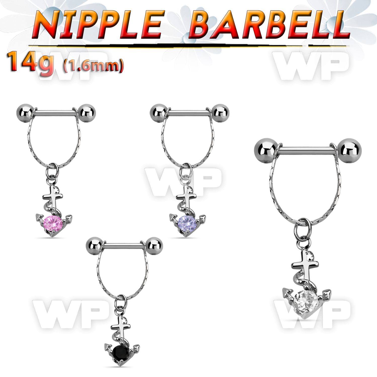 npdl23 steel nipple barbell w chain dangling anchor w cz