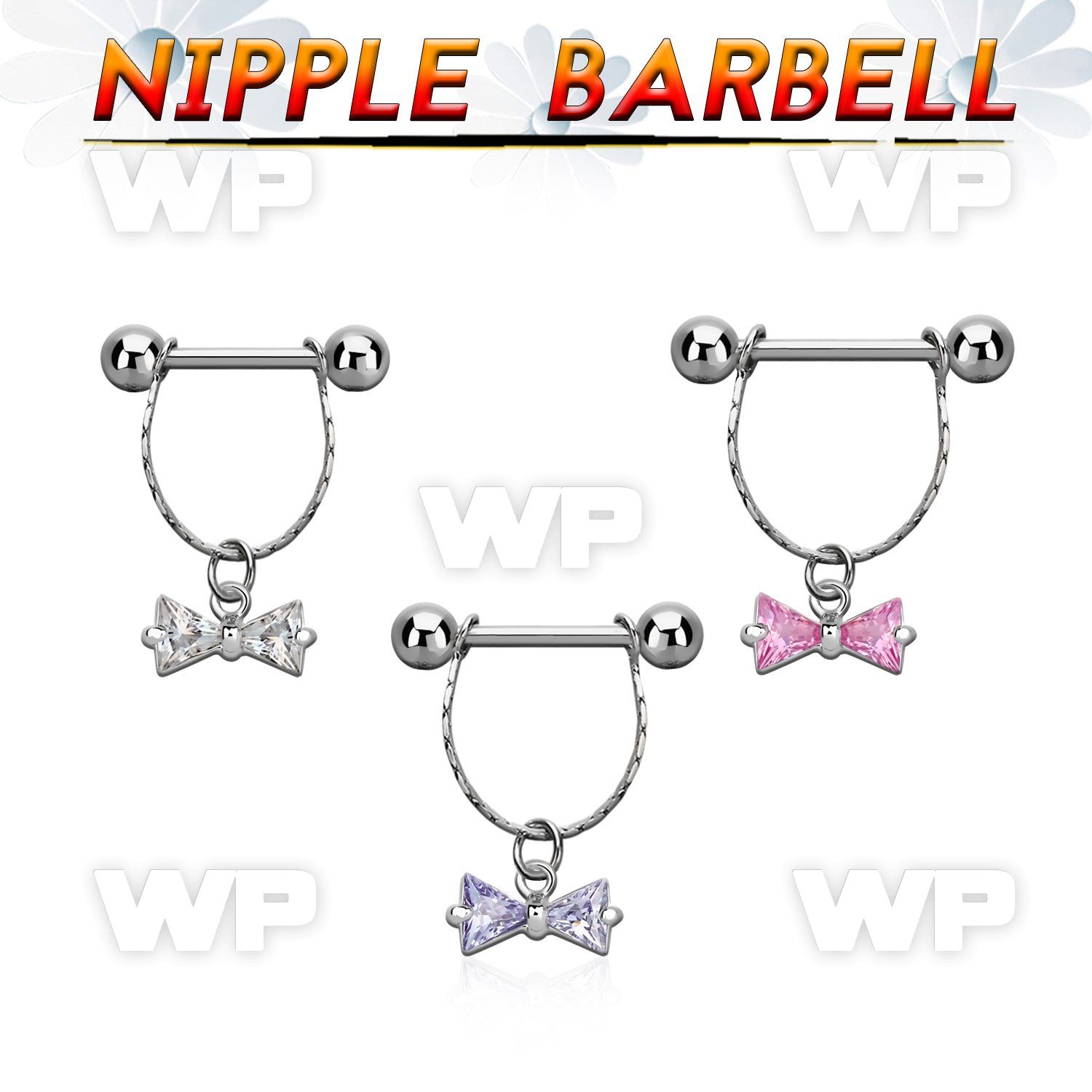 npdl25 steel nipple barbell w chain cubic zirconia bow 