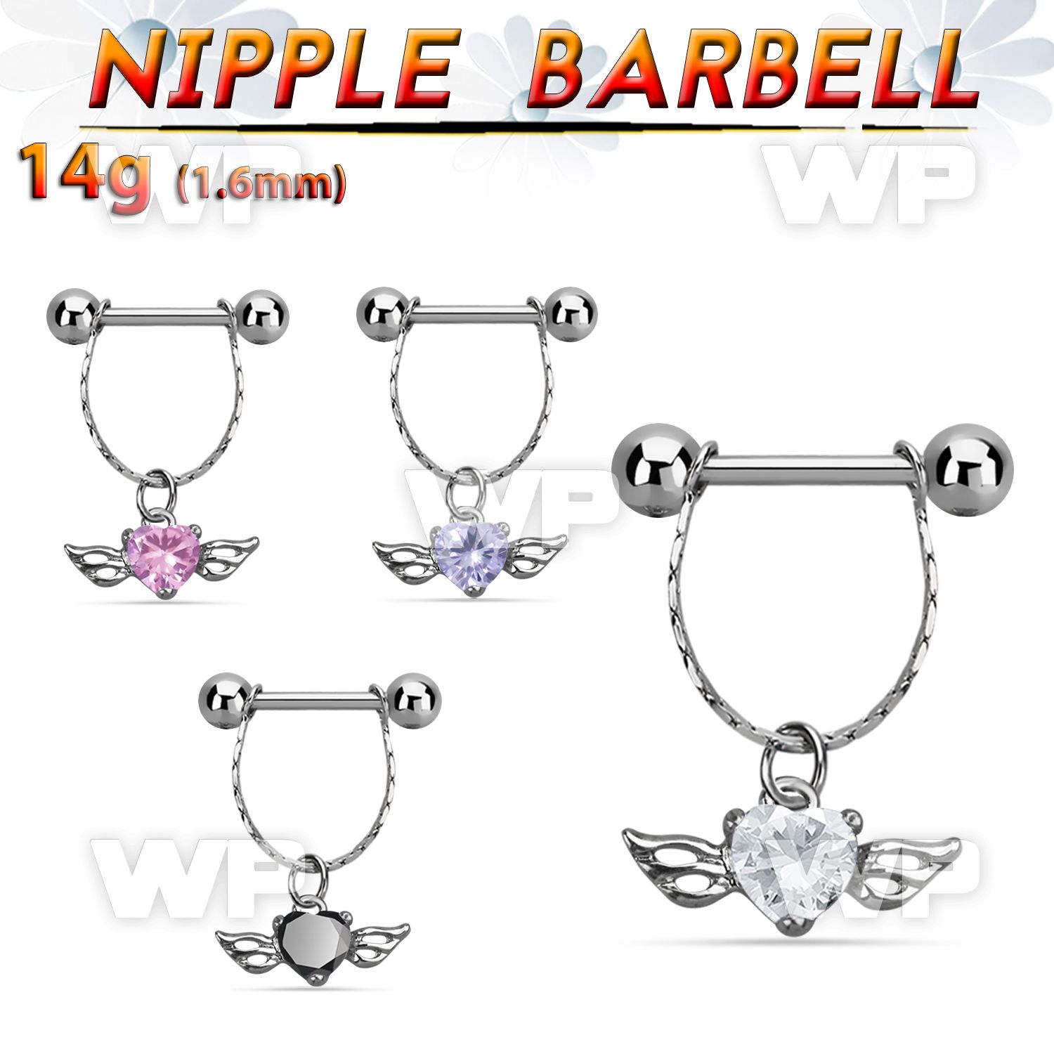 npdl26 steel nipple barbell w chain dangling heart shaped cz