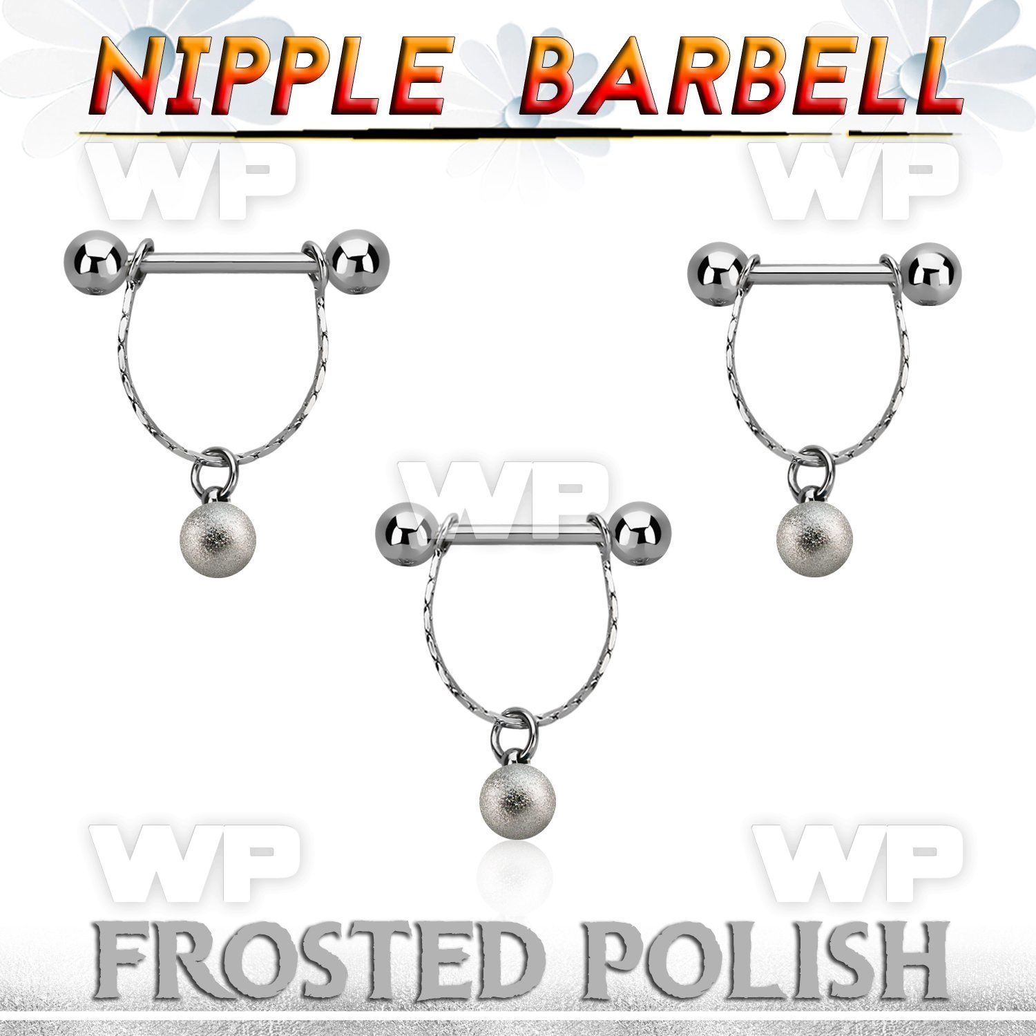 npdl27 ssteel nipple barbell w chain 6mm frosted steel ball