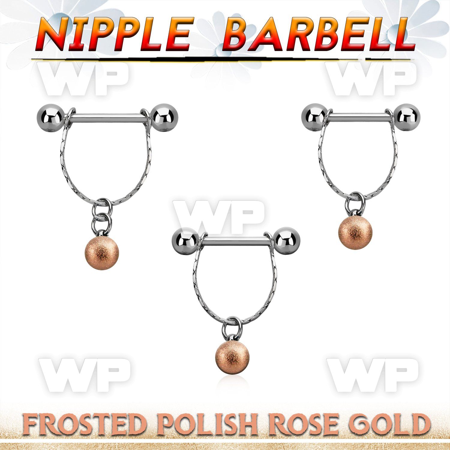 npdl29 steel nipple barbell w chain rosegold frosted steel ball