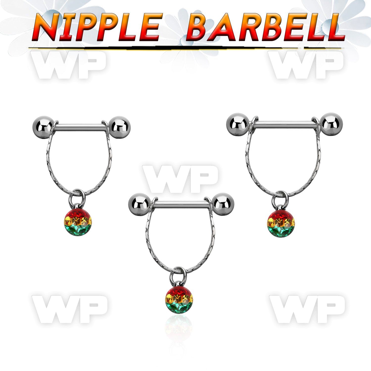 npdl31 steel nipple barbell w chain multi crystal rasta ball 