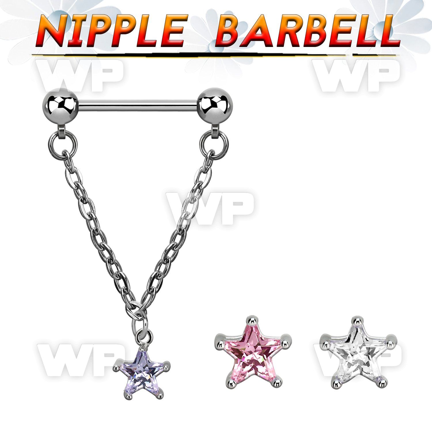 npdl35 steel nipple barbell dangling prong set star shaped cz 