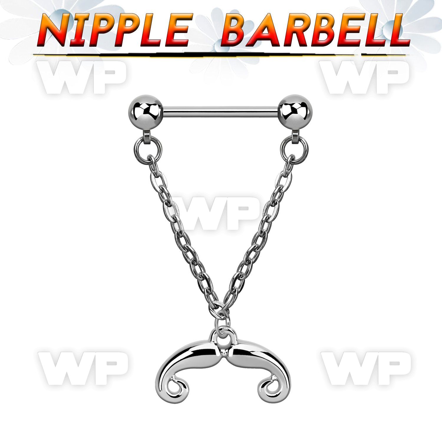 npdl36 steel nipple barbell w dangling french mustache design