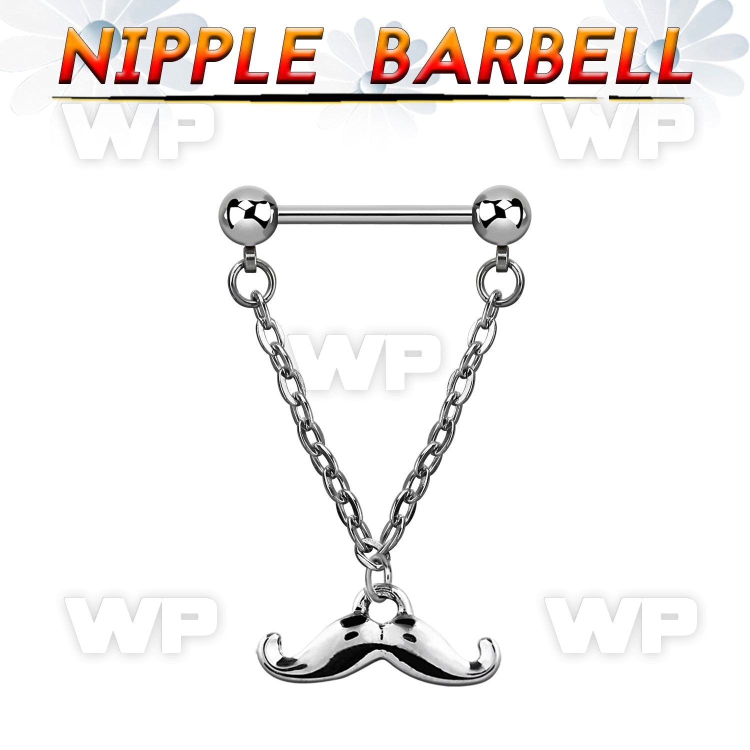 npdl37 steel nipple barbell w dangling happy mustache design
